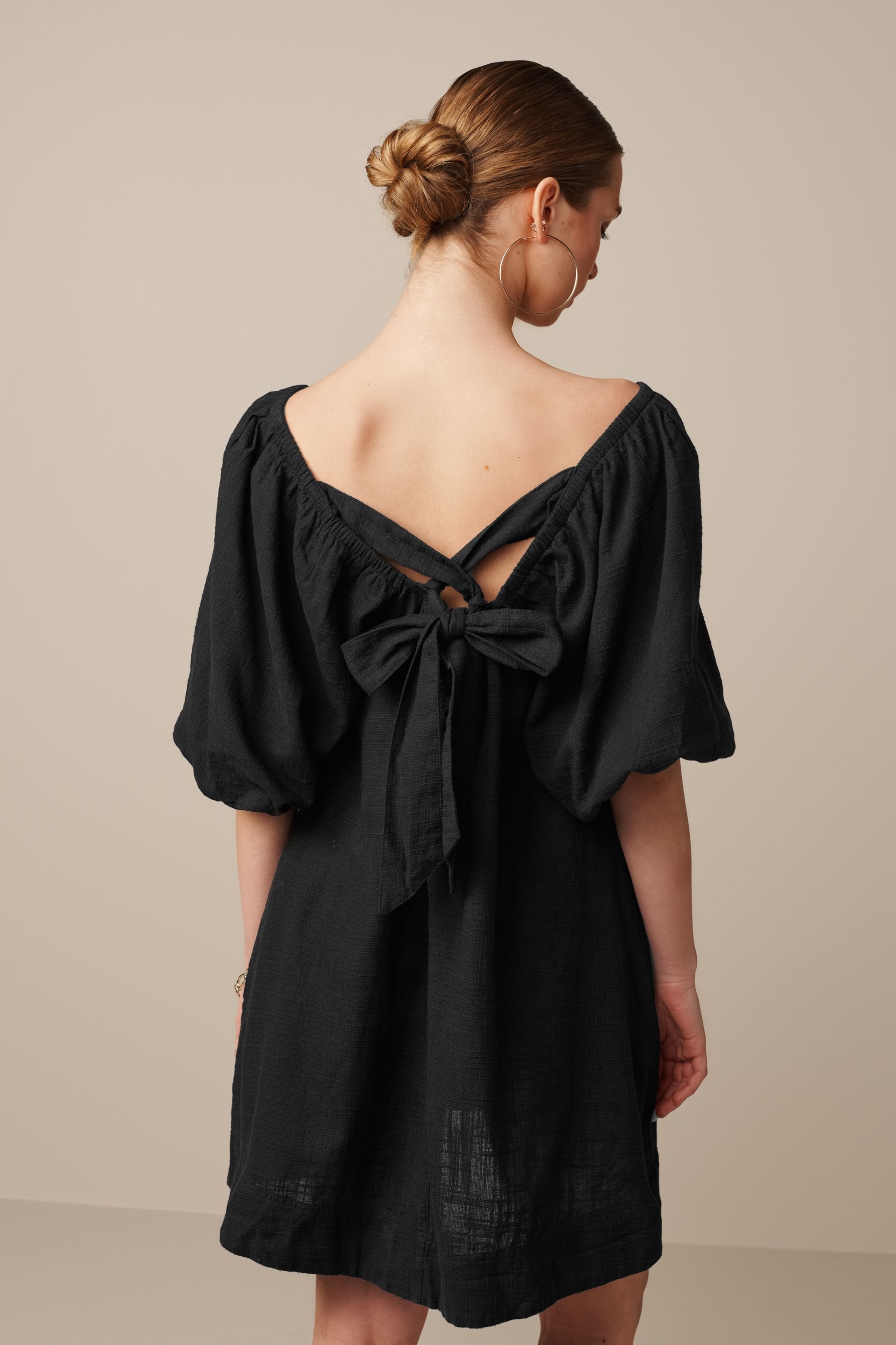 Black Linen Blend Puff Sleeve Mini Dress - Image 3 of 6