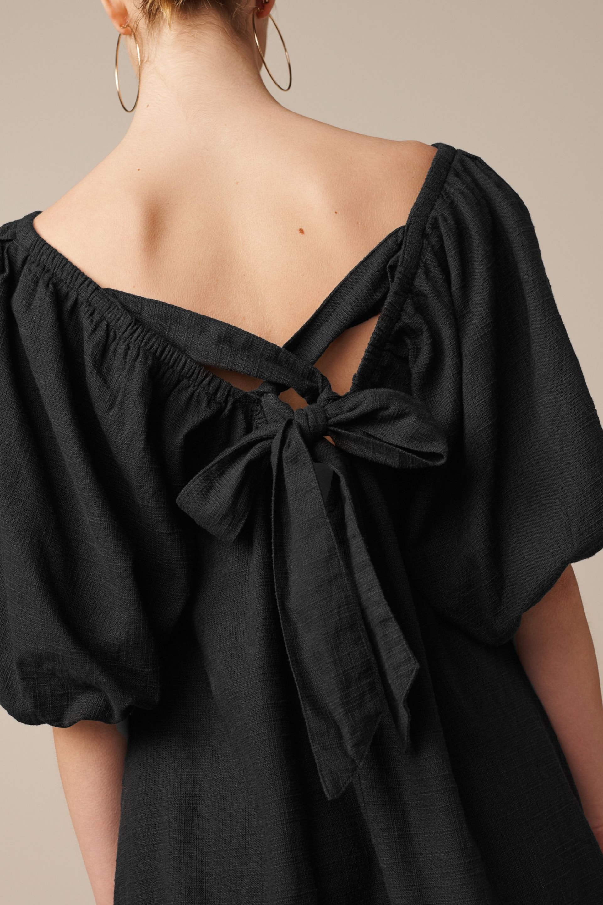 Black Linen Blend Puff Sleeve Mini Dress - Image 4 of 6