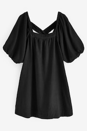 Black Linen Blend Puff Sleeve Mini Dress - Image 5 of 6