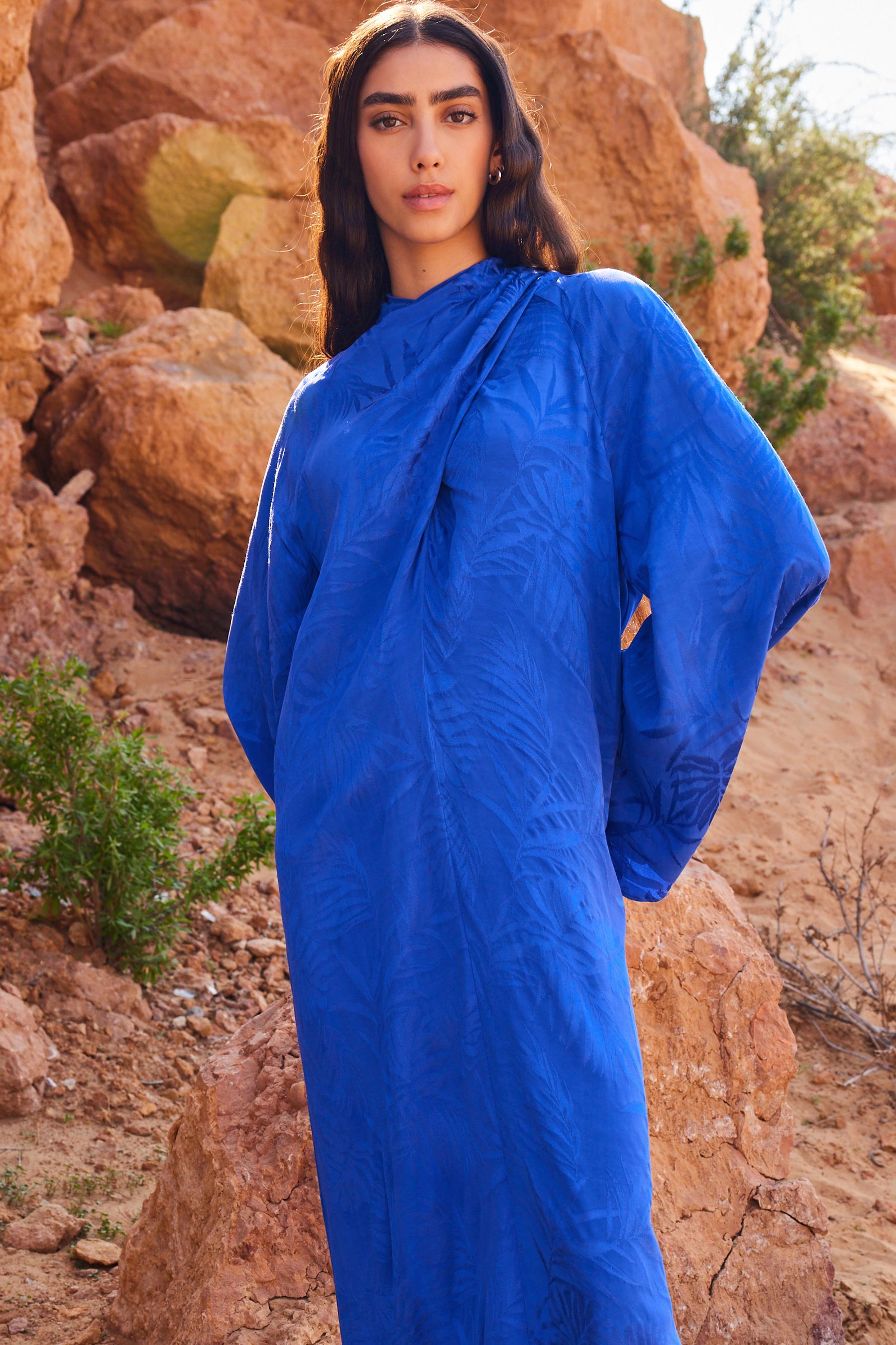 Buy Cobalt Blue Twist High Neck Long Sleeve Jacqaurd Maxi Dress from Next Luxembourg