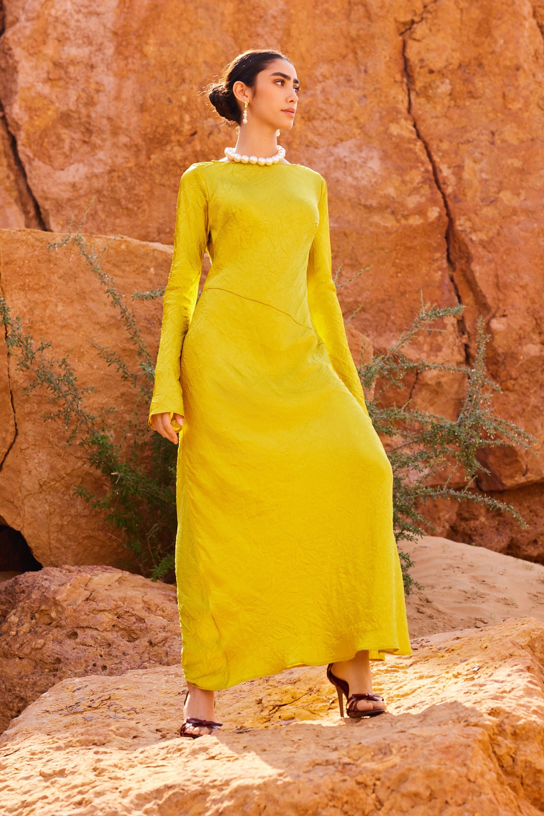 Buy Ochre Yellow Maxi Long Sleeve Metallic Column Dress from Next Austria