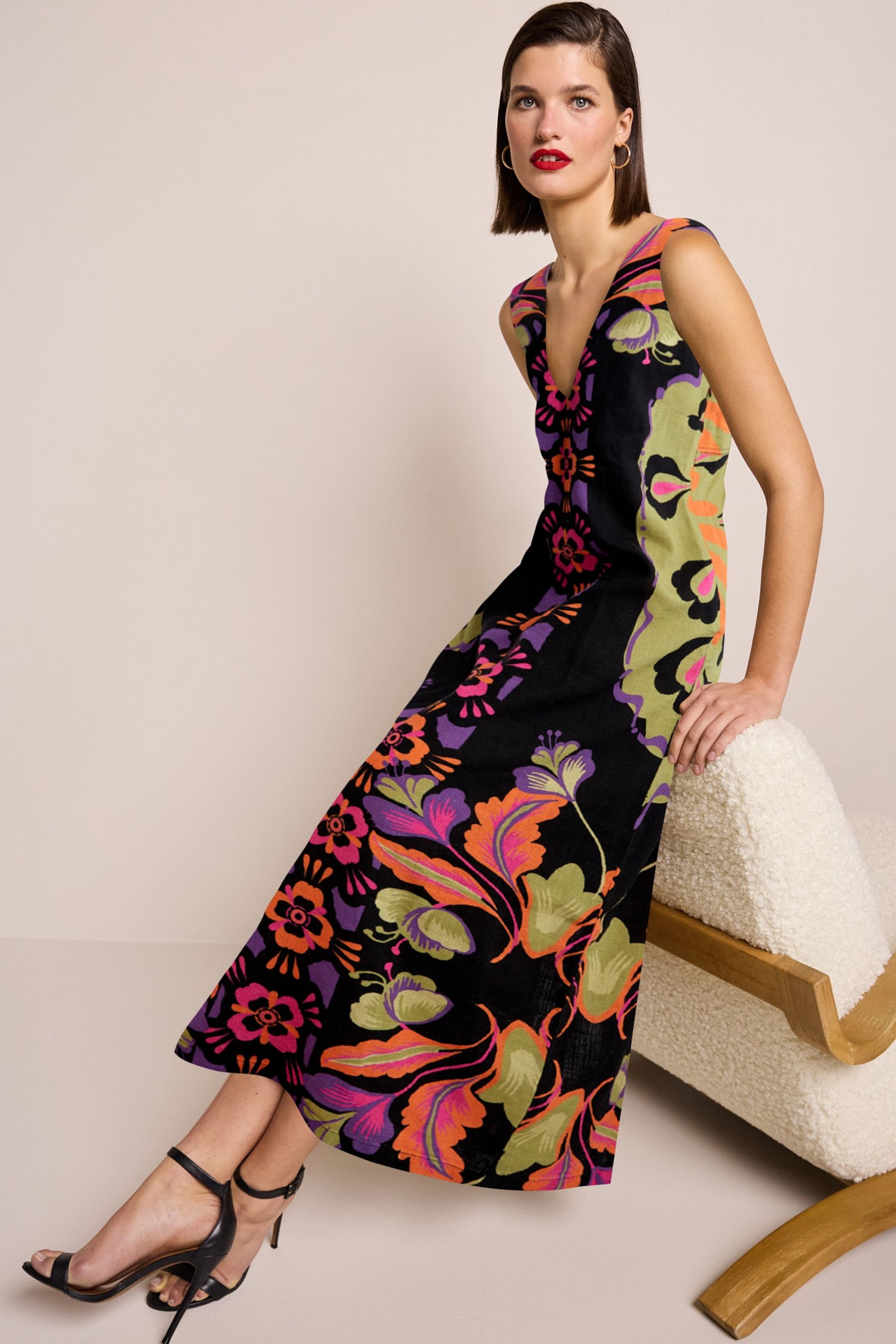 Multi Floral Print Linen Blend V-Neck Midi Dress - Image 2 of 6