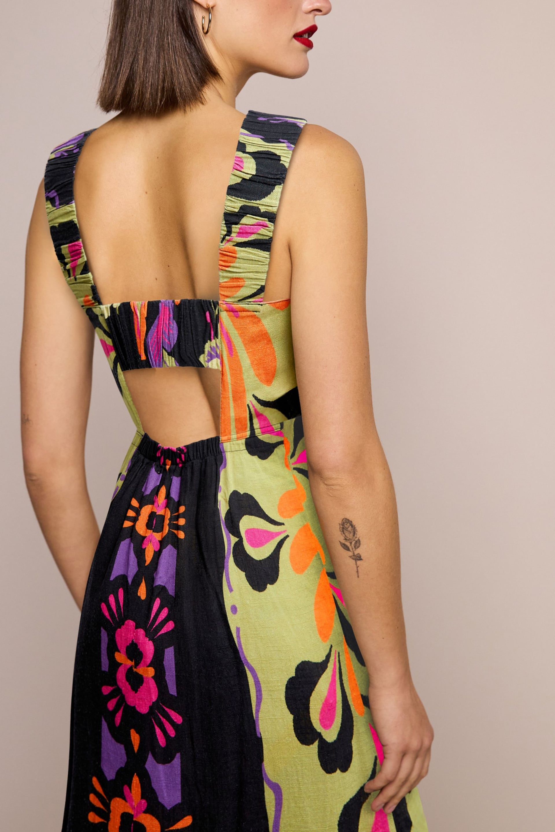 Multi Floral Print Linen Blend V-Neck Midi Dress - Image 3 of 6