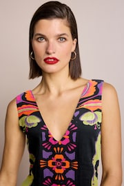 Multi Floral Print Linen Blend V-Neck Midi Dress - Image 4 of 6