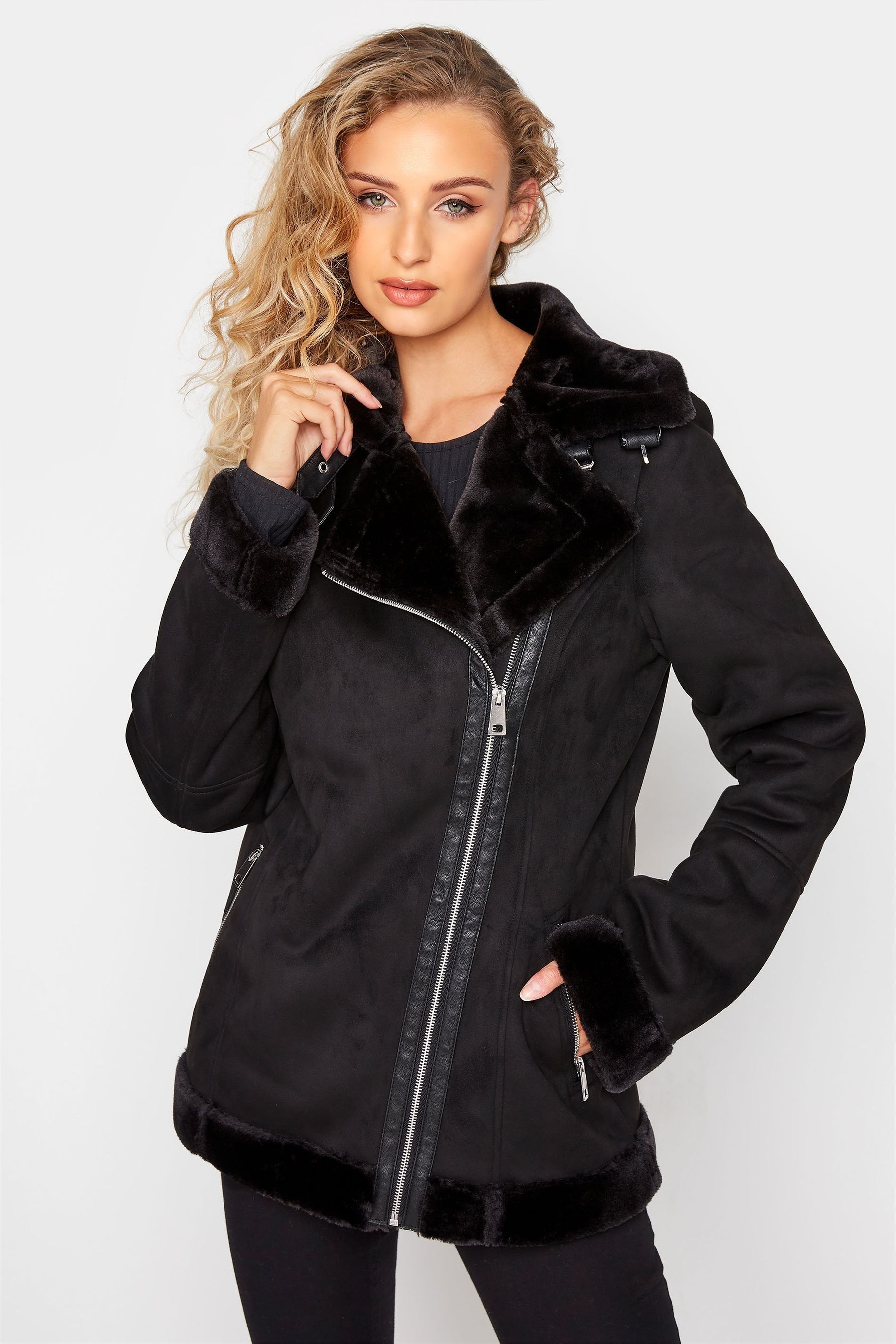 Long Tall Sally Black Faux Fur Trim Aviator Jacket