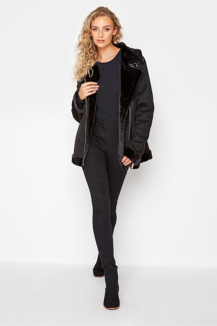 Midi Tall Sally Black easy Fur Trim Aviator Jacket - Image 7 of 7