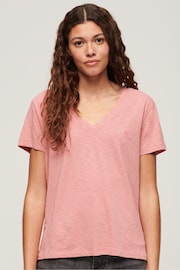 Superdry Dusty Rose Pink Slub Embroidered V-Neck T-Shirt - Image 1 of 6