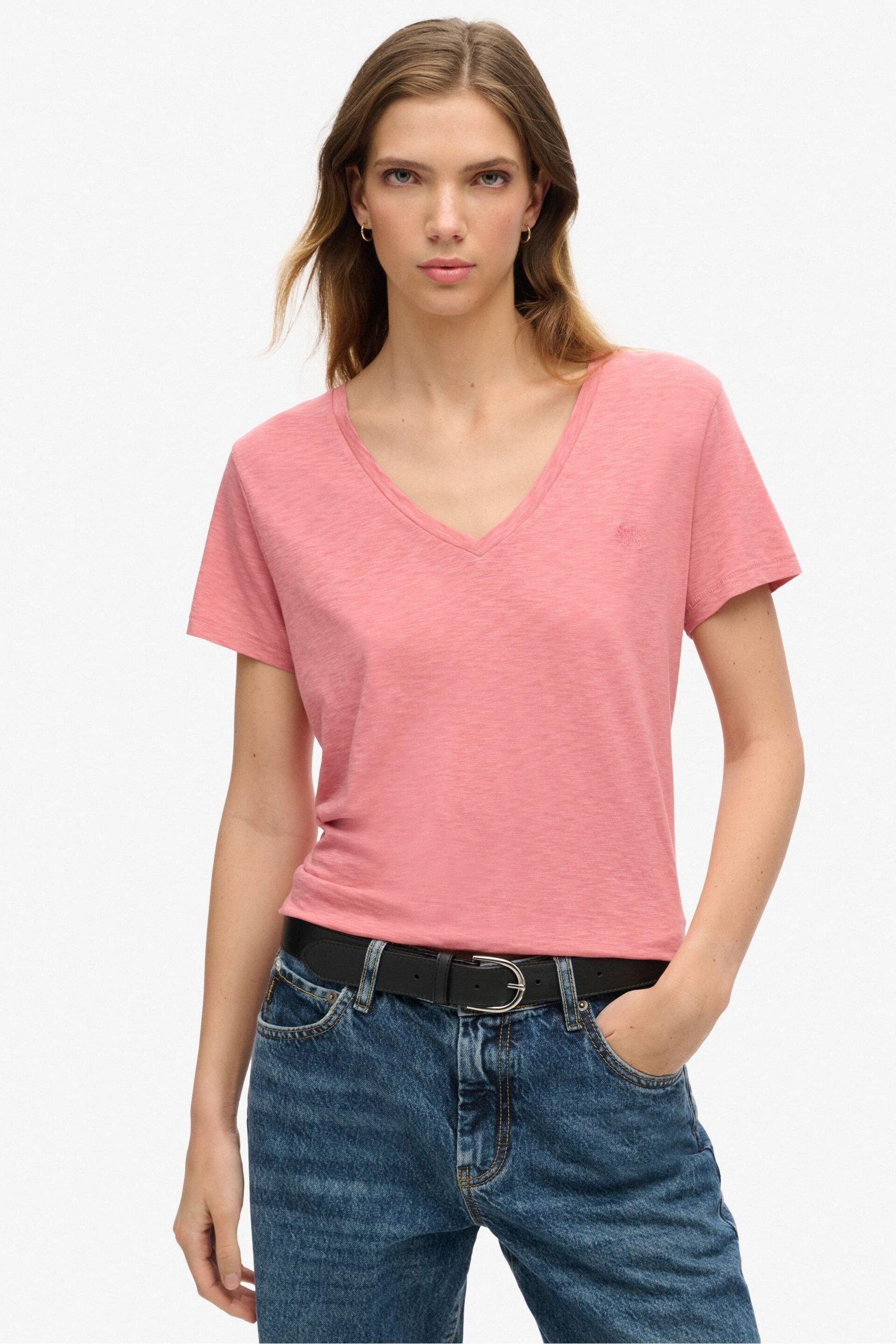 Superdry Dusty Rose Pink Slub Embroidered V-Neck T-Shirt - Image 1 of 6