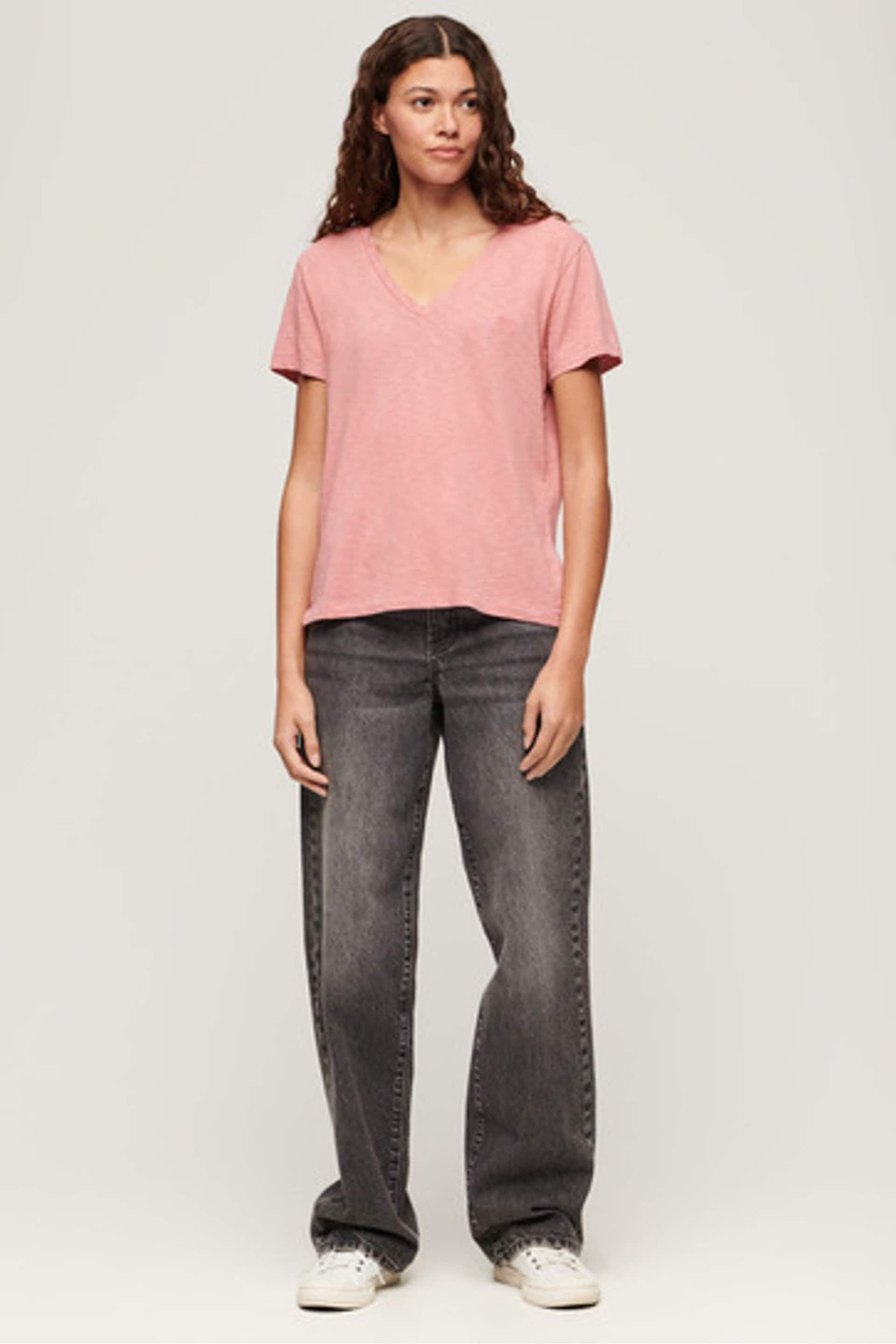 Superdry Dusty Rose Pink Slub Embroidered V-Neck T-Shirt - Image 2 of 6