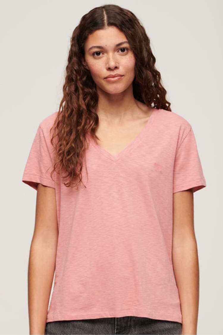 Superdry Dusty Rose Pink Studios Embroidered 100% Cotton V-Neck T-Shirt - Image 2 of 2