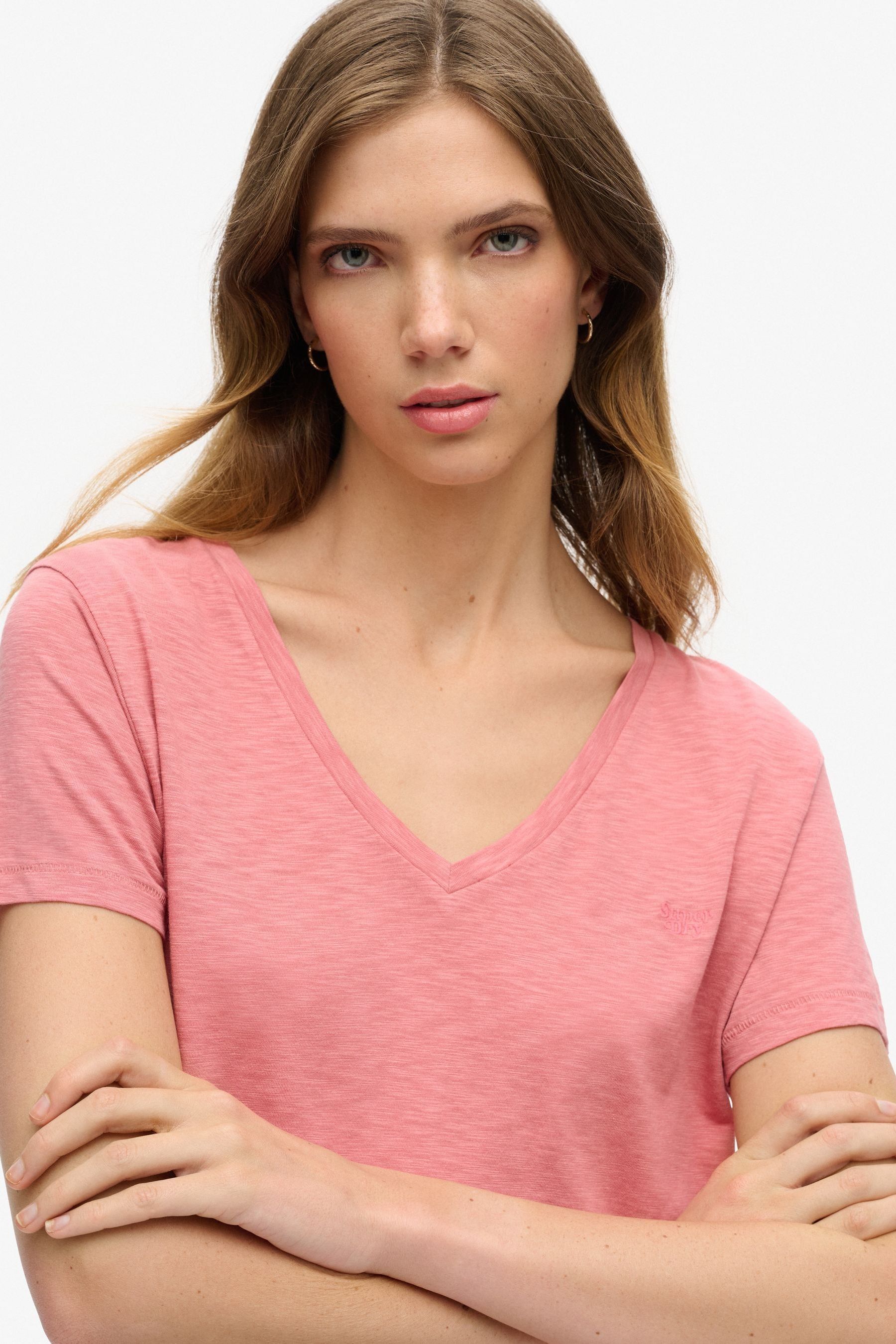 Superdry Dusty Rose Pink Slub Embroidered V-Neck T-Shirt - Image 6 of 6