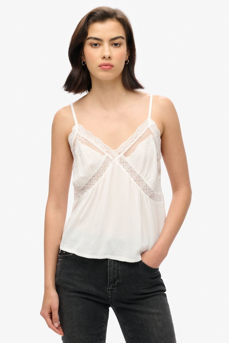 Superdry White Ibiza Sheer Lace 100% Cotton Cami Top - Image 1 of 4