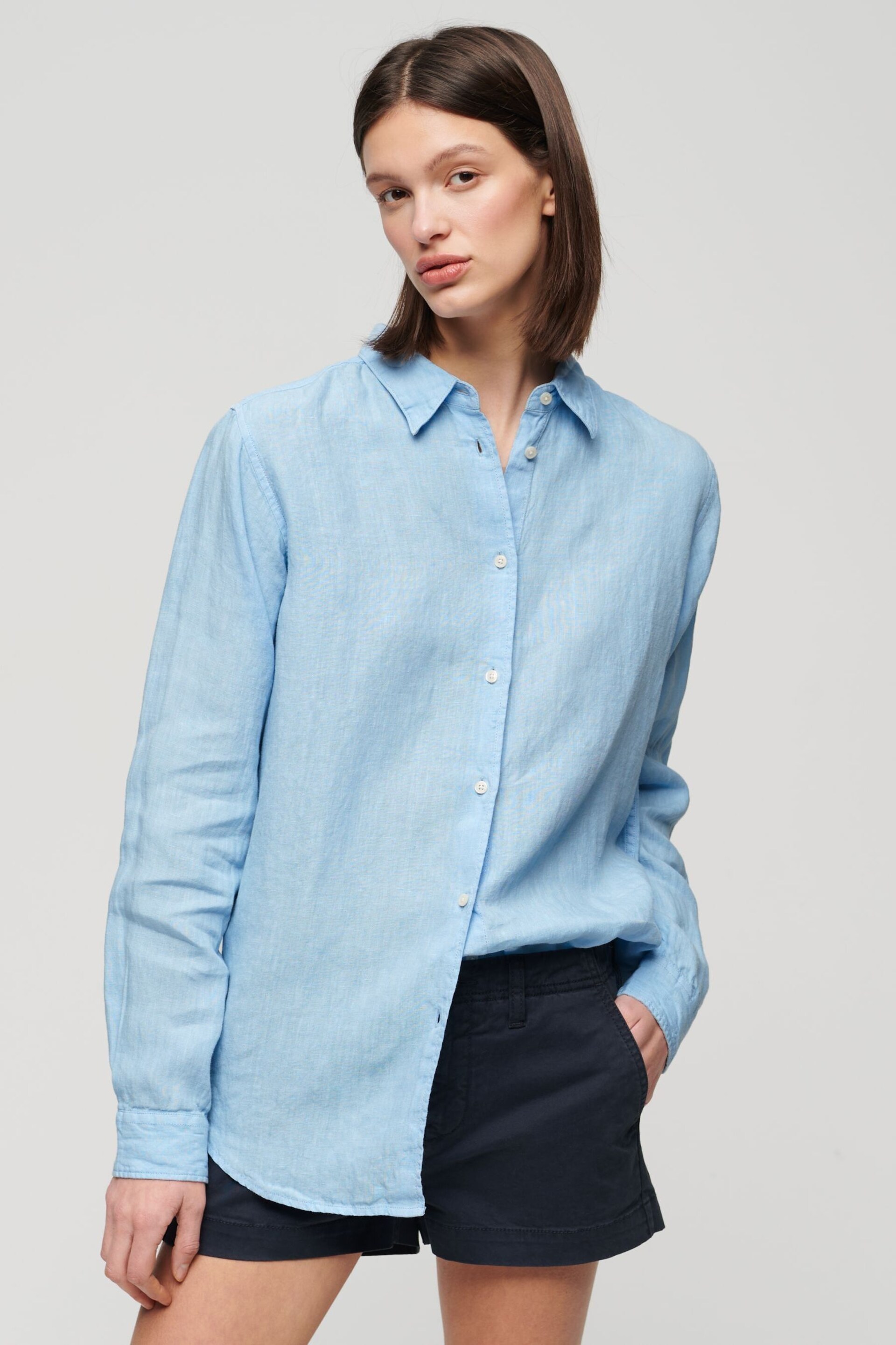 Superdry Blue Casual Linen Boyfriend Shirt - Image 1 of 5