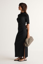 Black Textured Ruched High Neck Midi Dress - Image 2 of 6