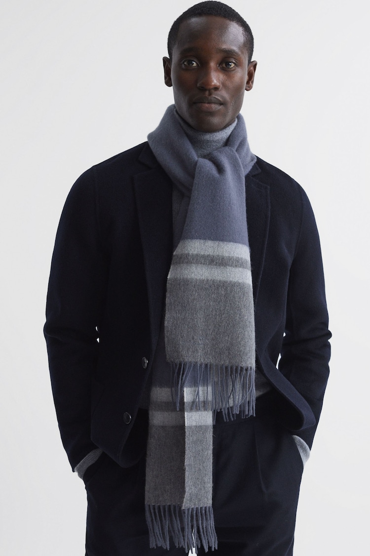 Reiss Airforce Blue Otto Wool-Cashmere Stripe Scarf - Image 2 of 4