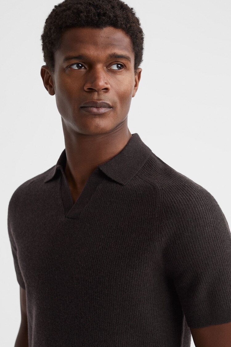 Reiss Chocolate Mortimer Wool Open-Collar Polo Shirt - Image 1 of 5