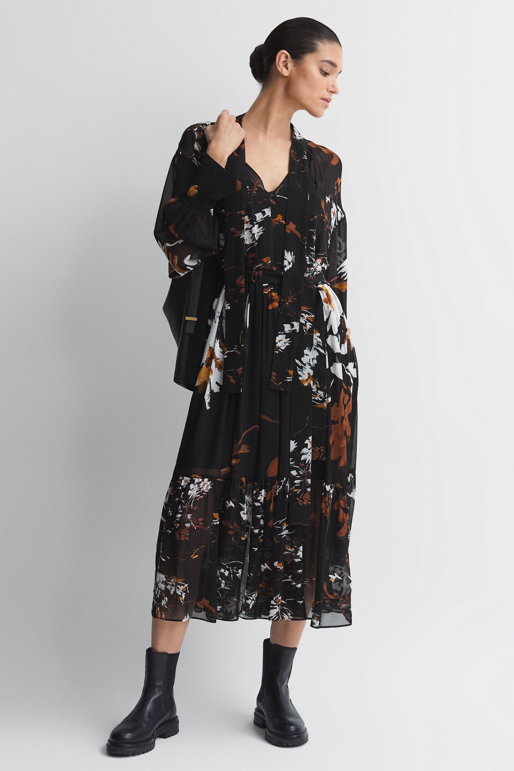 Buy Reiss Black Brown Charlotte Floral Neck Tie Midi Dress from Next Luxembourg