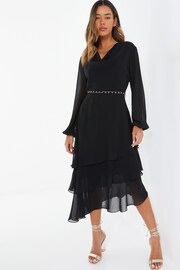 Quiz Black Chiffon Cowl Neck Long Sleeve Tiered Black Dress - Image 1 of 4