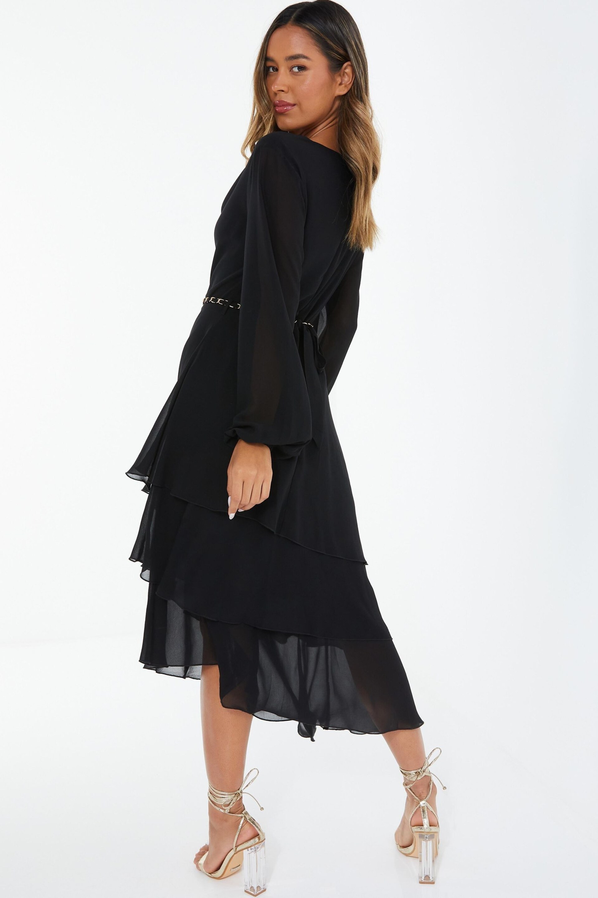 Quiz Black Chiffon Cowl Neck Long Sleeve Tiered Black Dress - Image 2 of 4