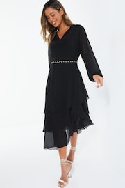 Quiz Black Chiffon Cowl Neck Long Sleeve Tiered Black Dress - Image 3 of 4