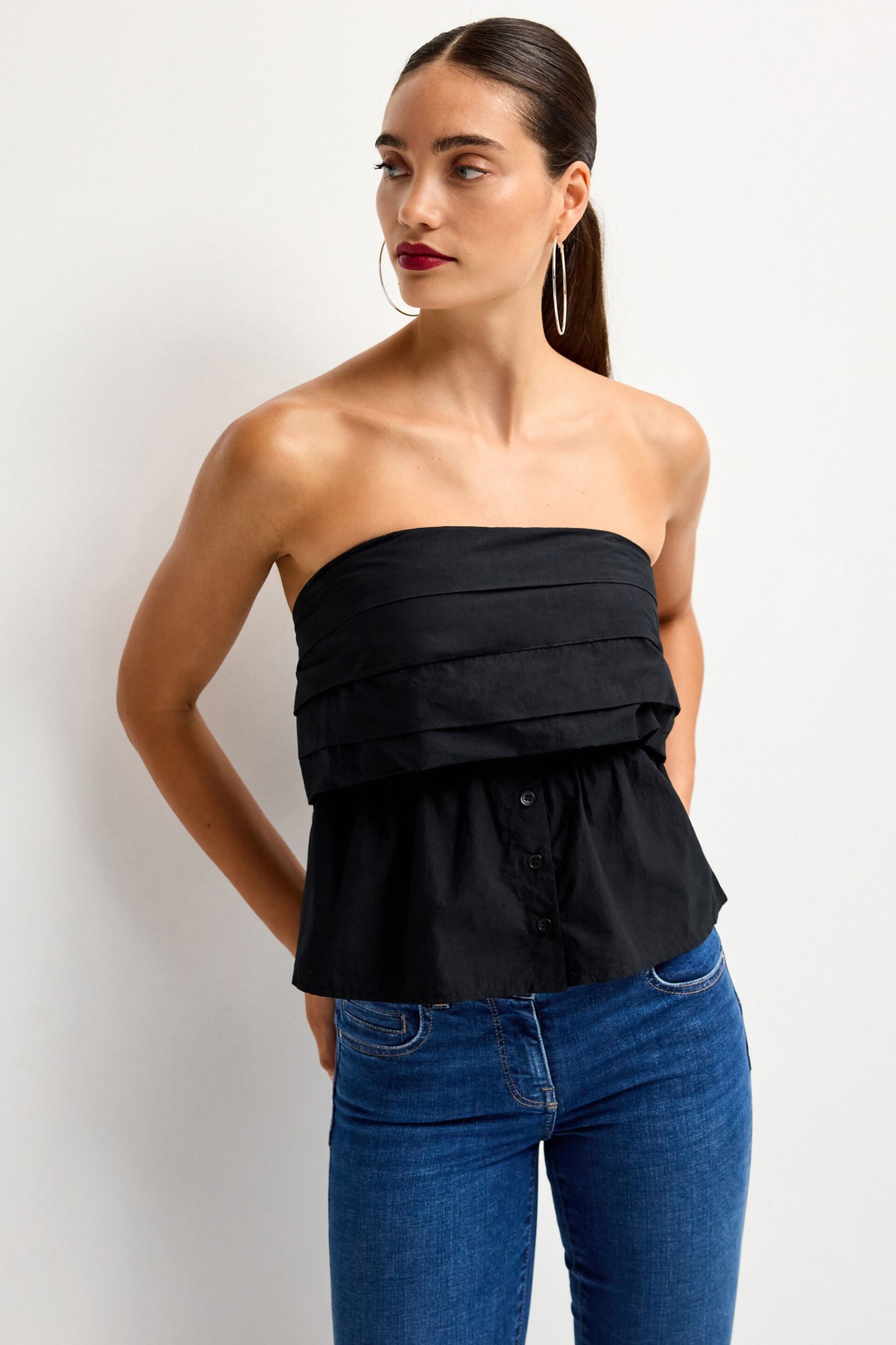 Black Bandeau 100% Cotton Poplin Top - Image 1 of 7