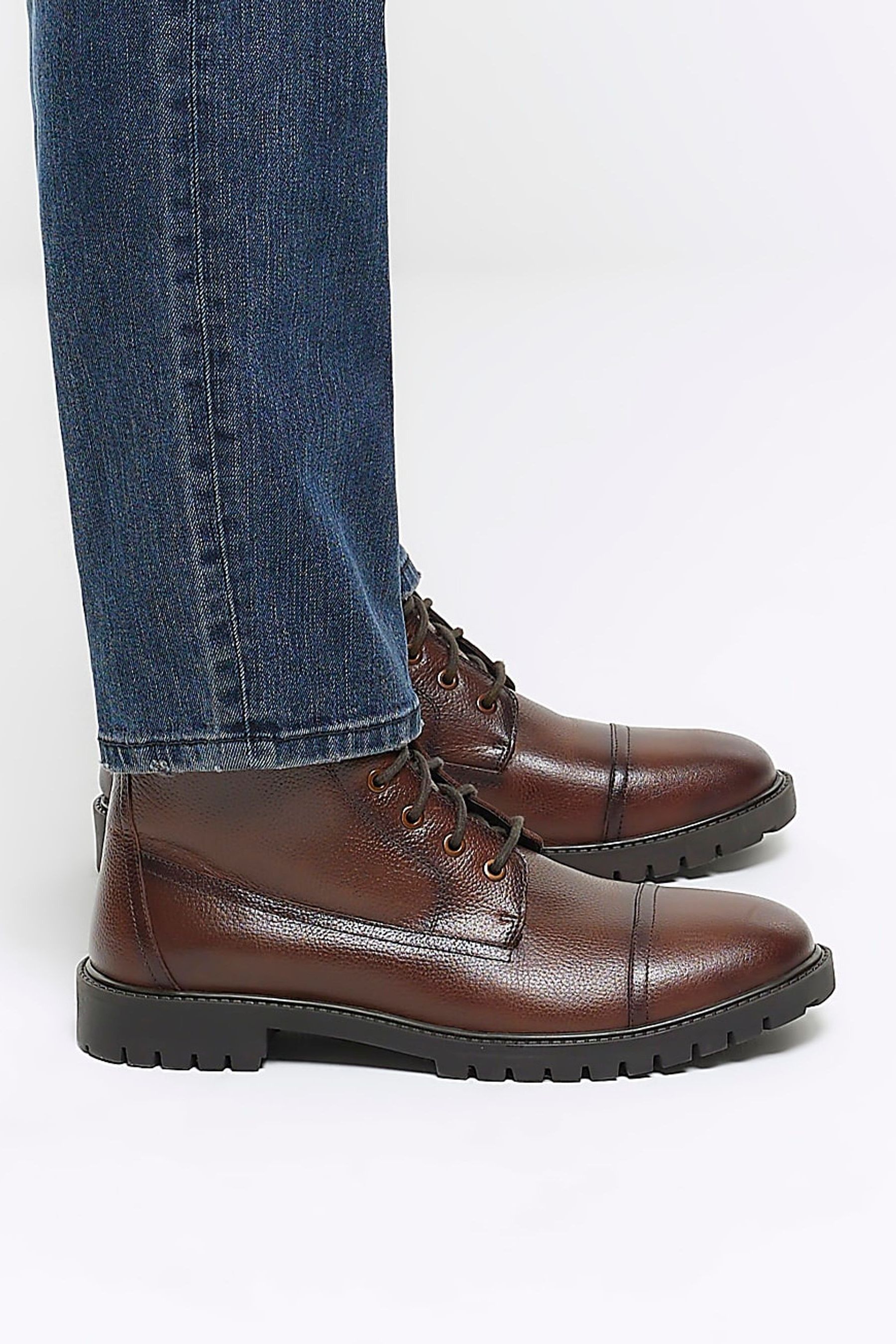 Buy River Island Brown Leather Laced Combat Boots from Next Luxembourg