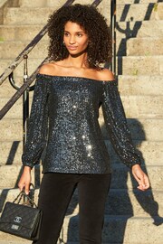 Sosandar Grey Petite Sequin Bardot Long Sleeve Top - Image 3 of 5