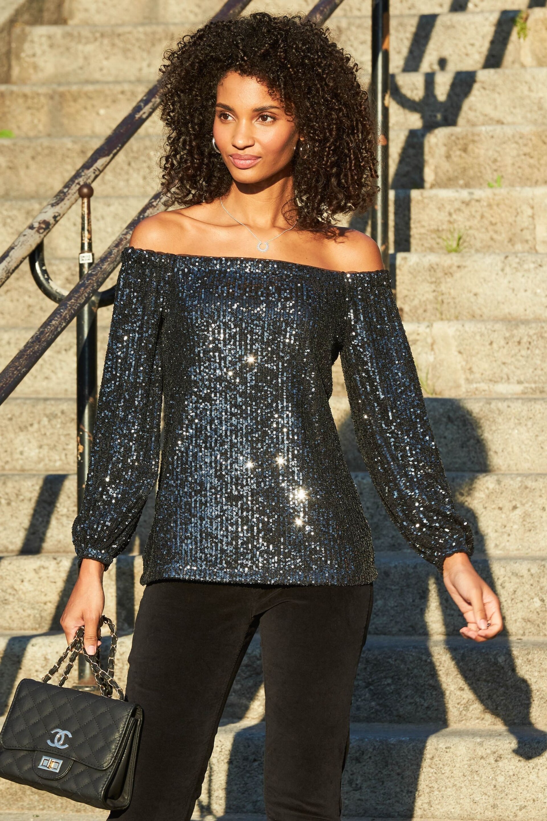 Sosandar Grey Petite Sequin Bardot Long Sleeve Top - Image 3 of 5