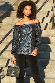 Sosandar Grey Petite Sequin Bardot Long Sleeve Top - Image 5 of 5