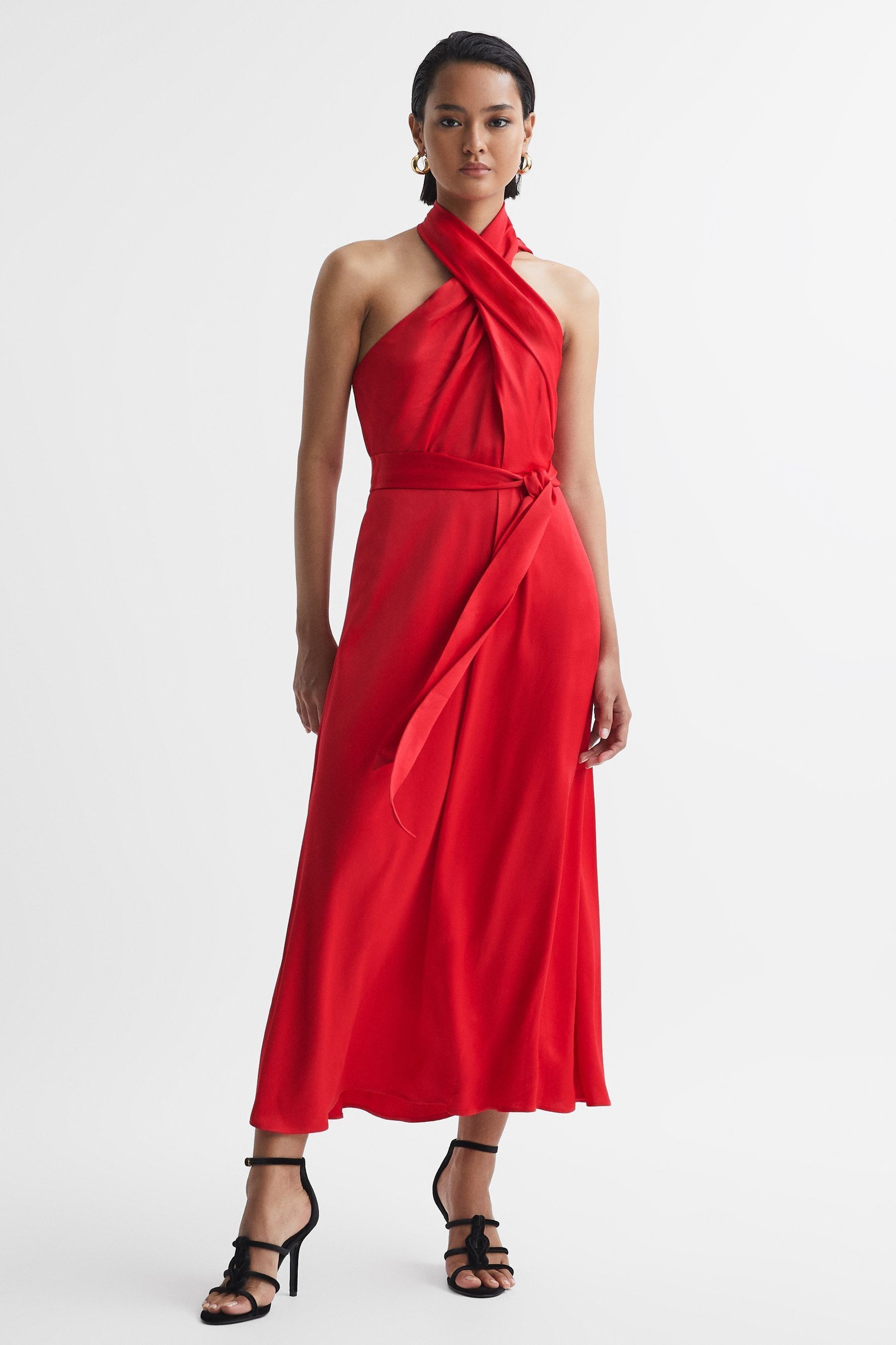 Buy Reiss Red Vida Satin Halter Neck Fitted Midi Dress from Next Ireland
