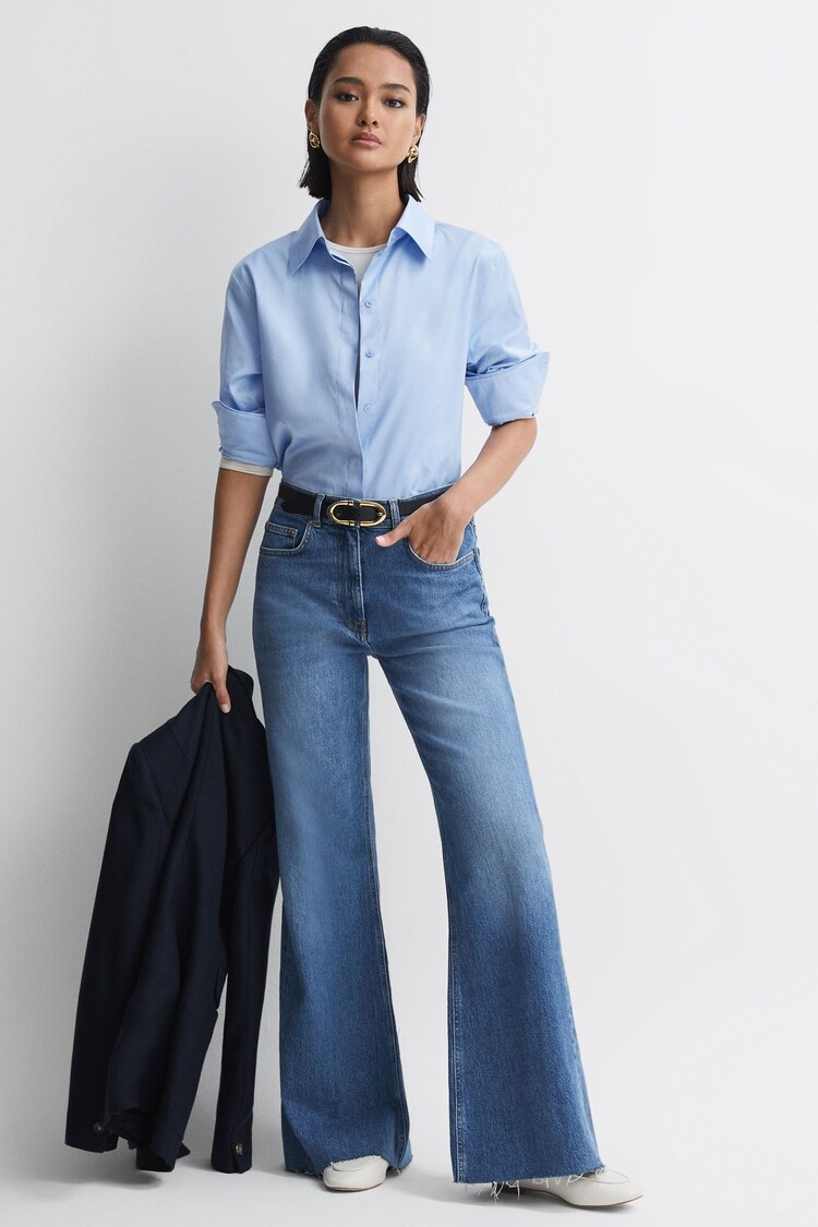 Reiss Mid Blue Calla Petite Mid Rise Wide Leg Jeans - Image 1 of 7