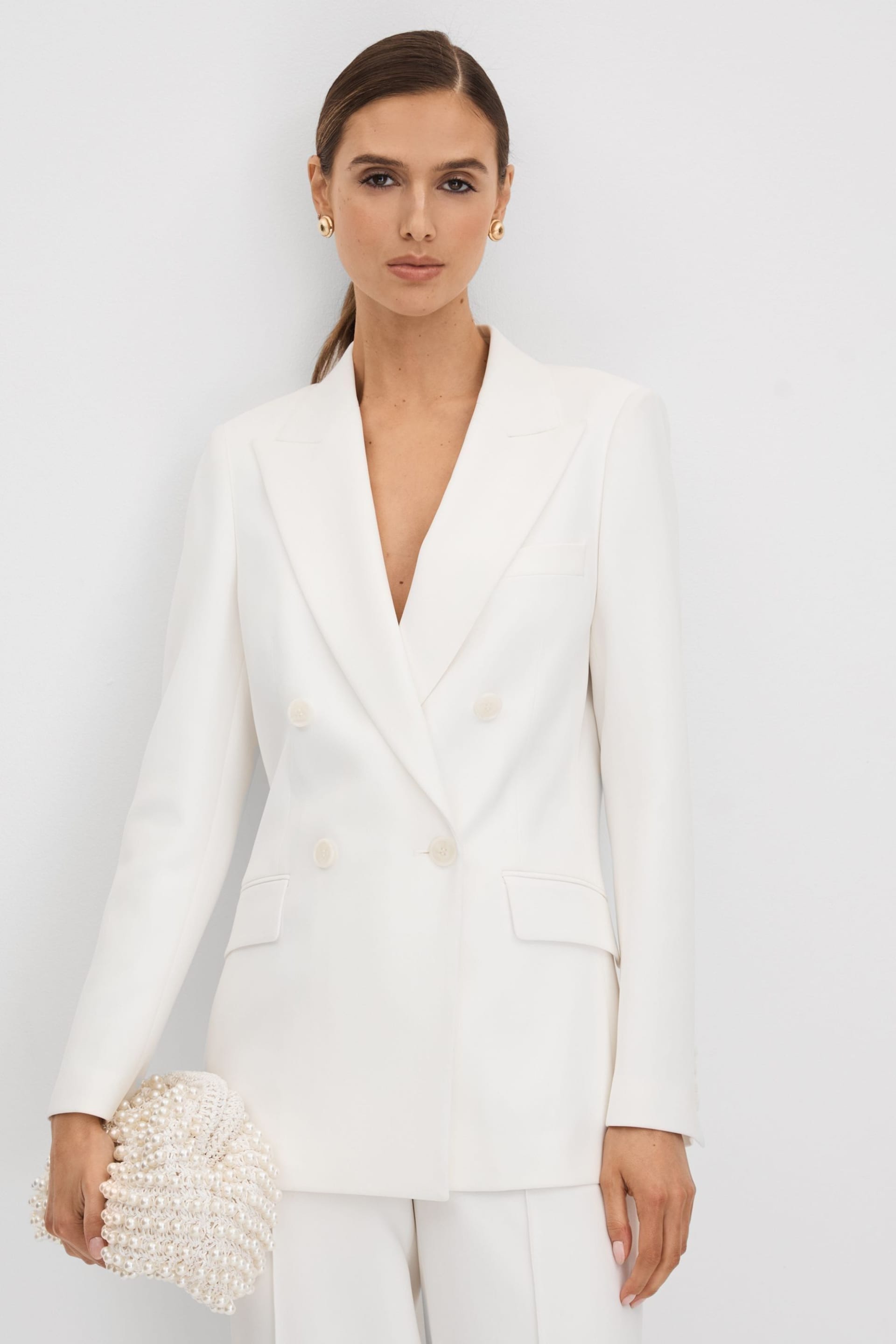 Reiss White Sienna Double Breasted Crepe Suit Blazer - Image 1 of 7