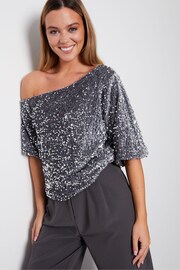 Threadbare Grey Sequin Velour Drop Shoulder Top - Image 2 of 6