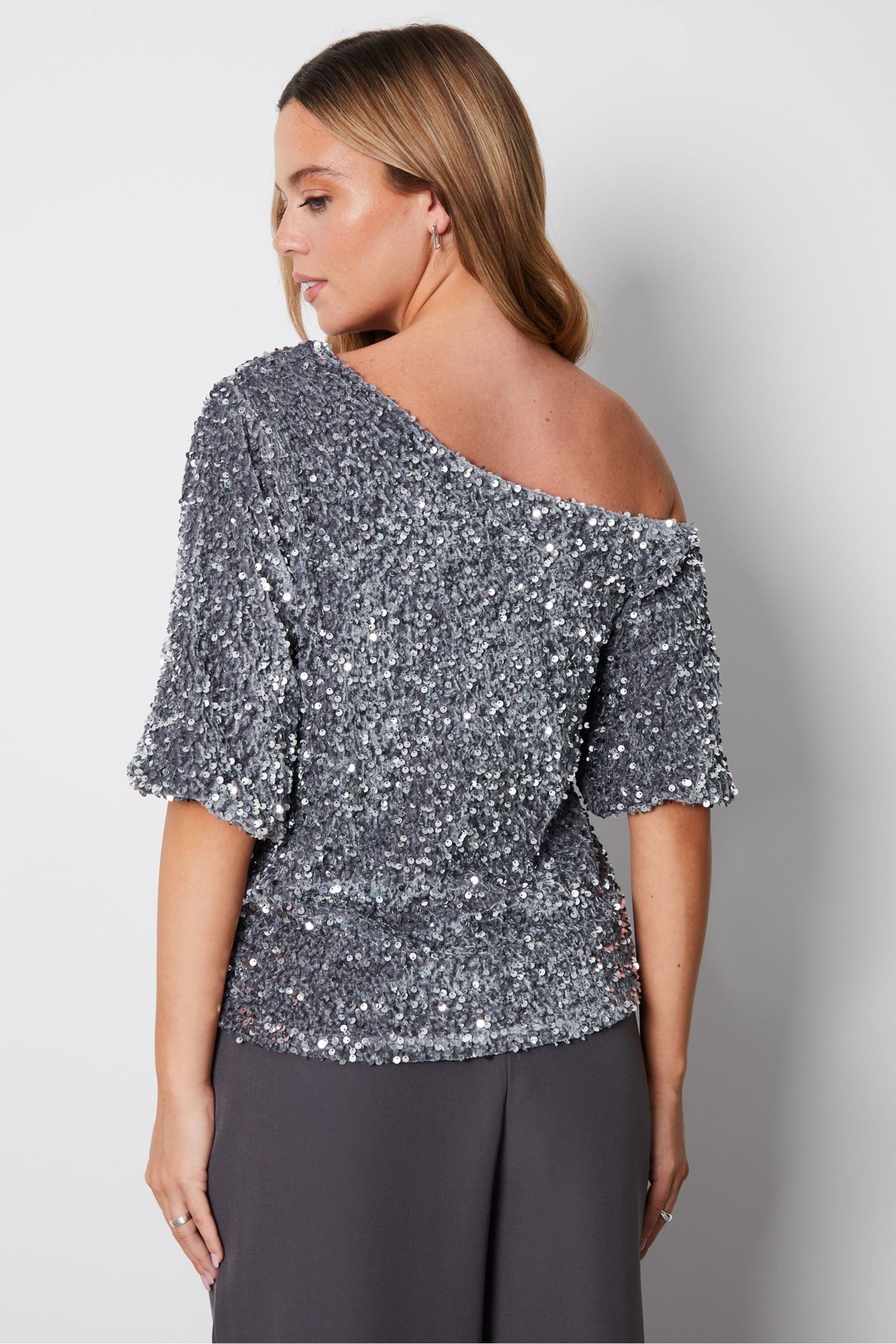 Threadbare Grey Sequin Velour Drop Shoulder Top - Image 3 of 6