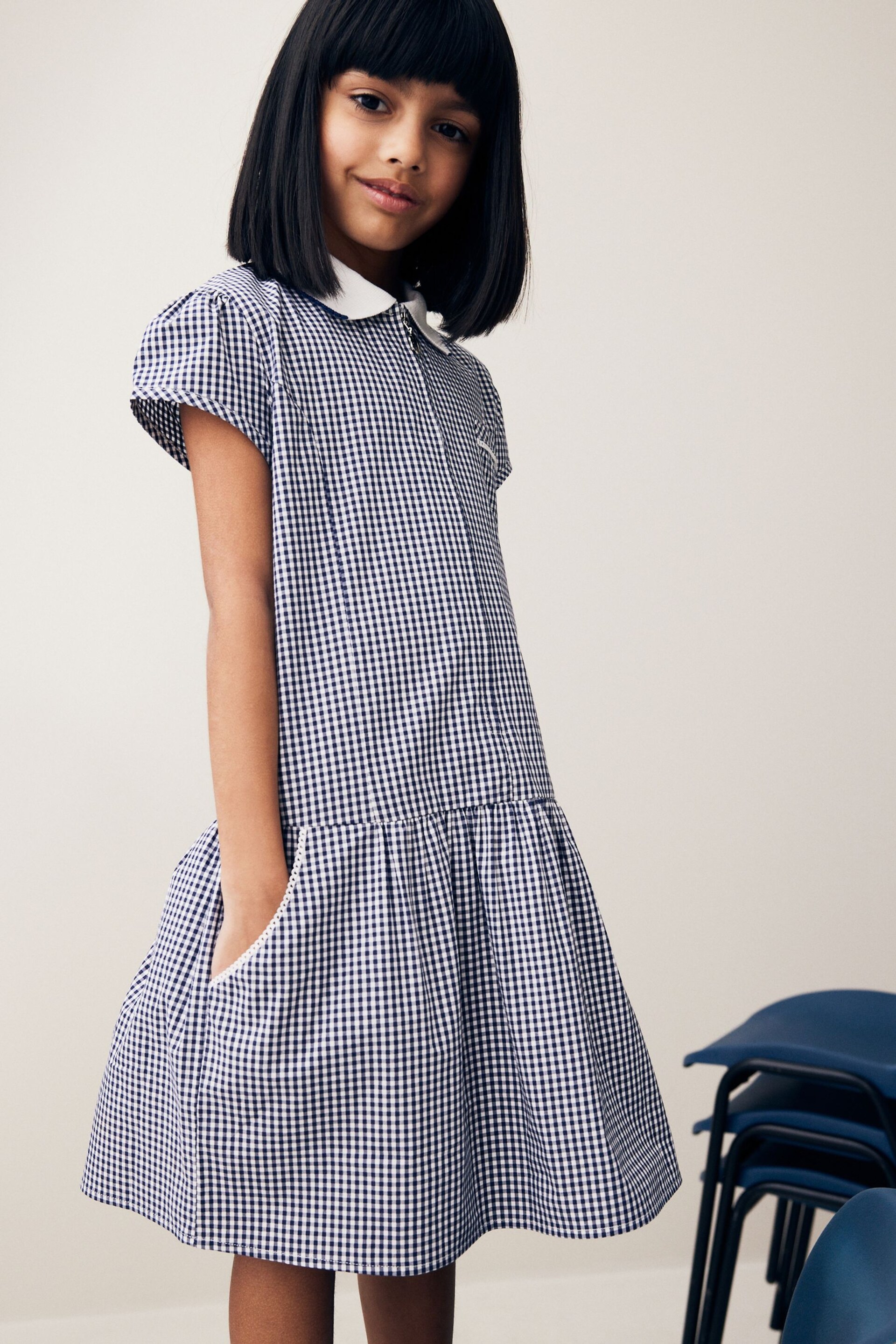 Navy Blue Cotton Rich School Gingham Zip Dress (3-14yrs) - Image 1 of 7