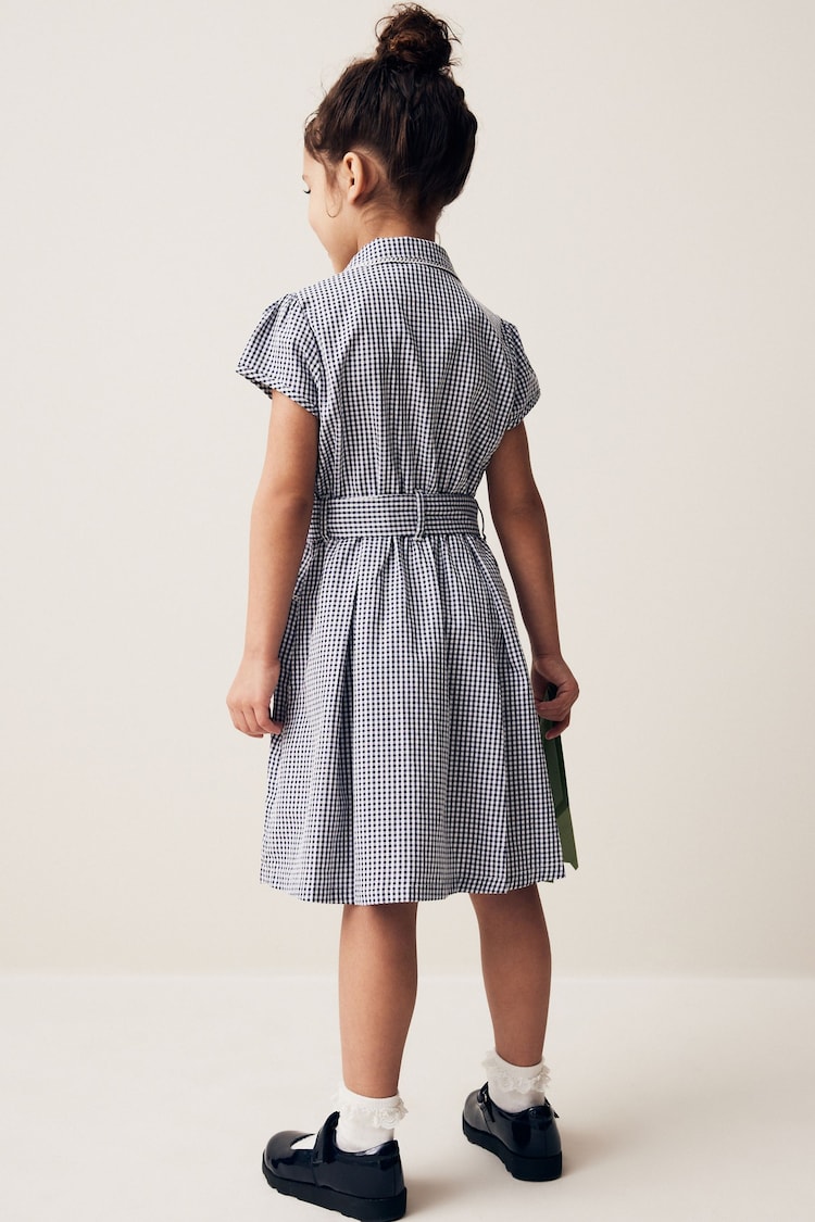Navy Blue Gingham Cotton Rich Belted School 100% Cotton Dress With Scrunchie (3-14yrs) - Image 2 of 7