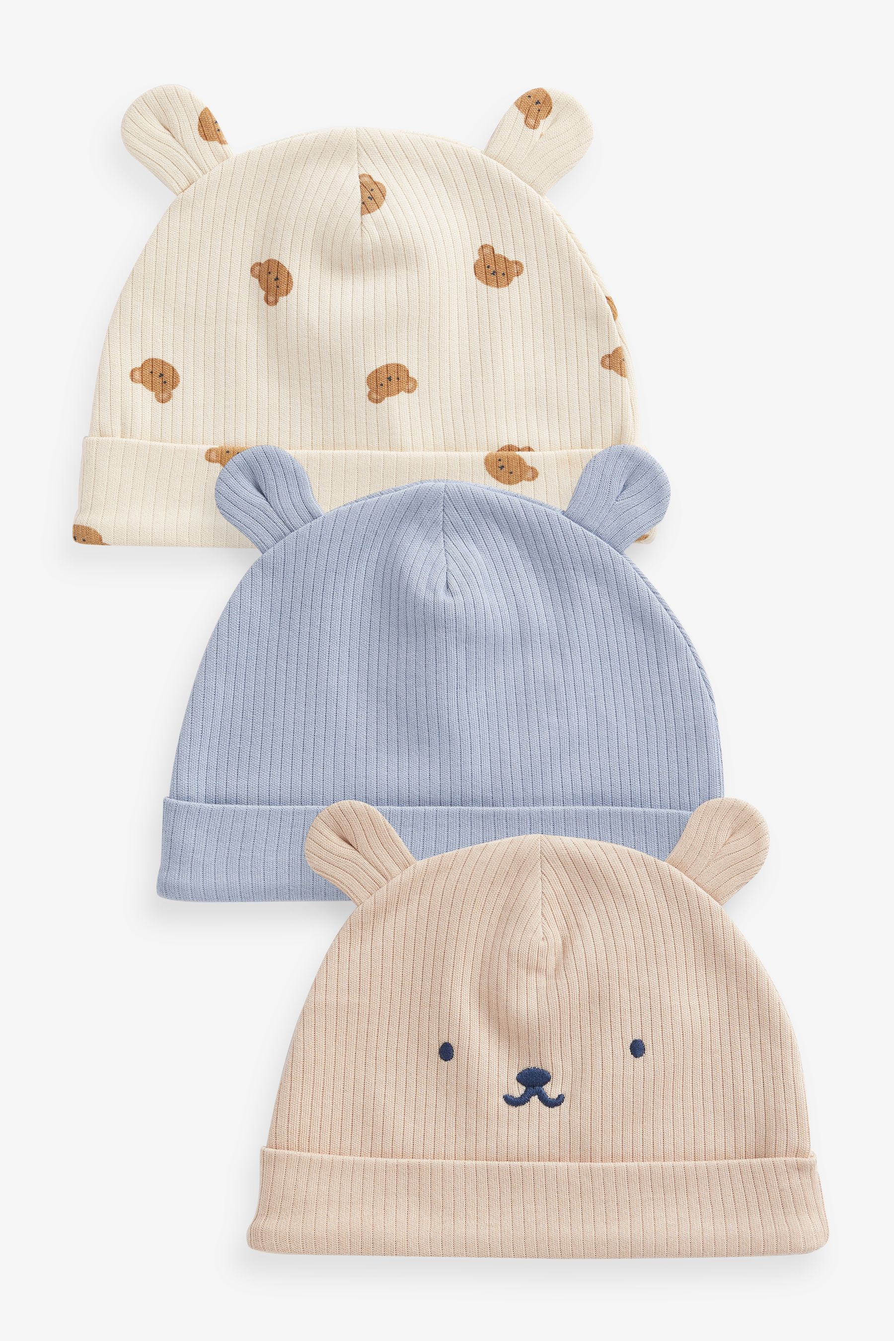Buy Neutral Baby Bear Ear Beanie 100 Cotton Hats 3 Pack 0mths 2yrs from the Next UK online shop