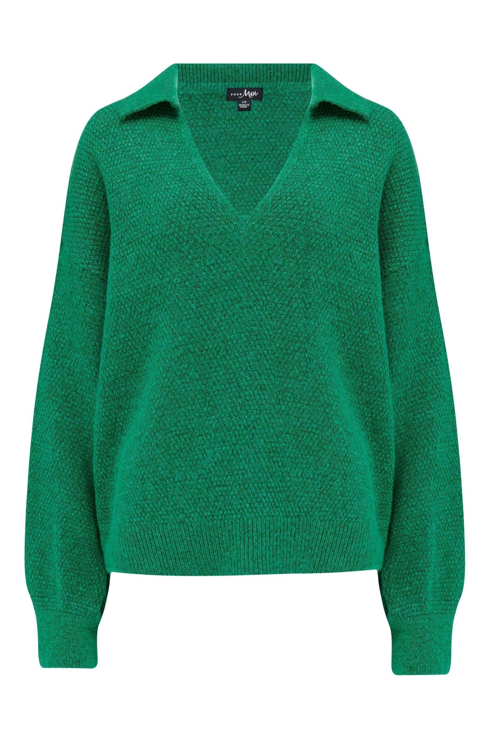 Pour Moi Green Kerry V Neck Textured Knit Collared Jumper - Image 3 of 4