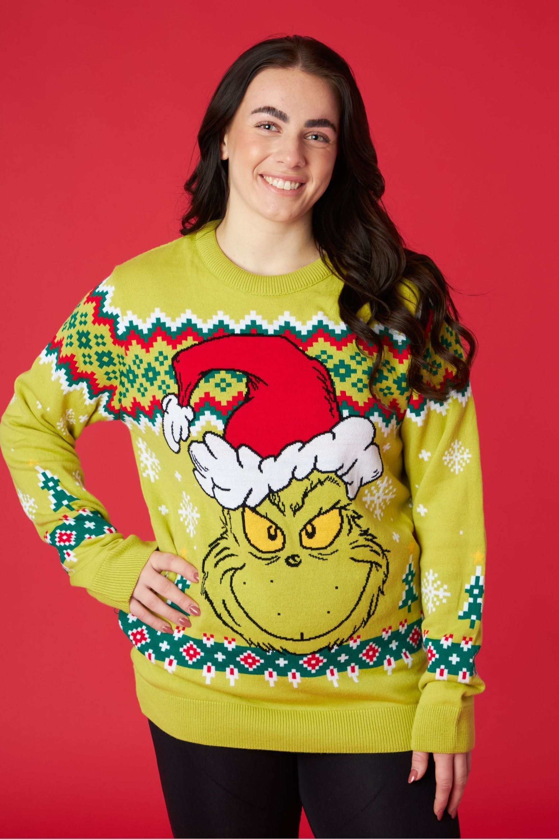 Buy Vanilla Underground Green Christmas Grinch Mens Licensed Adult Knitted Christmas Jumper from Next Luxembourg