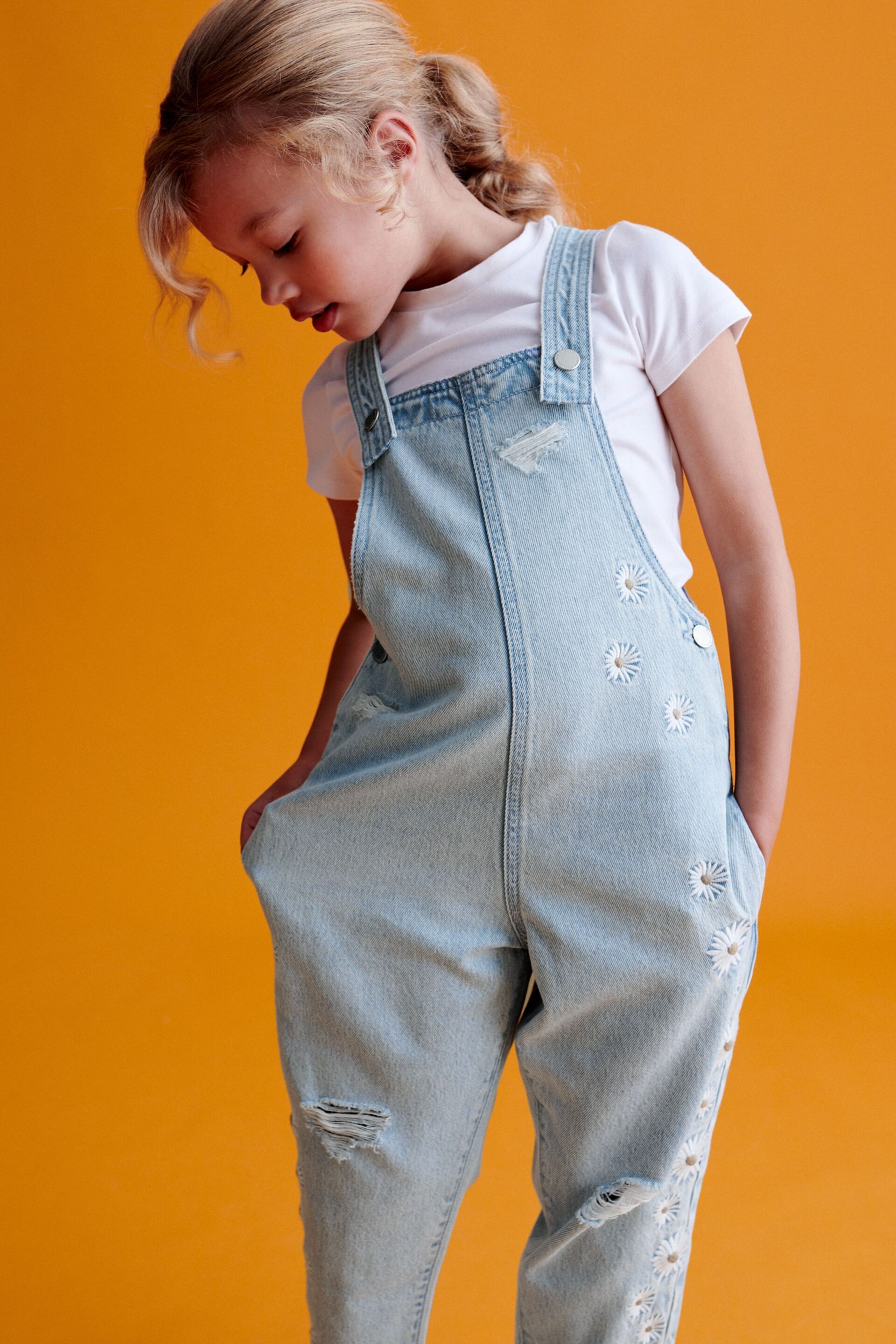 Light Blue Denim Daisy Embroidered Dungarees (3-16yrs) - Image 4 of 8