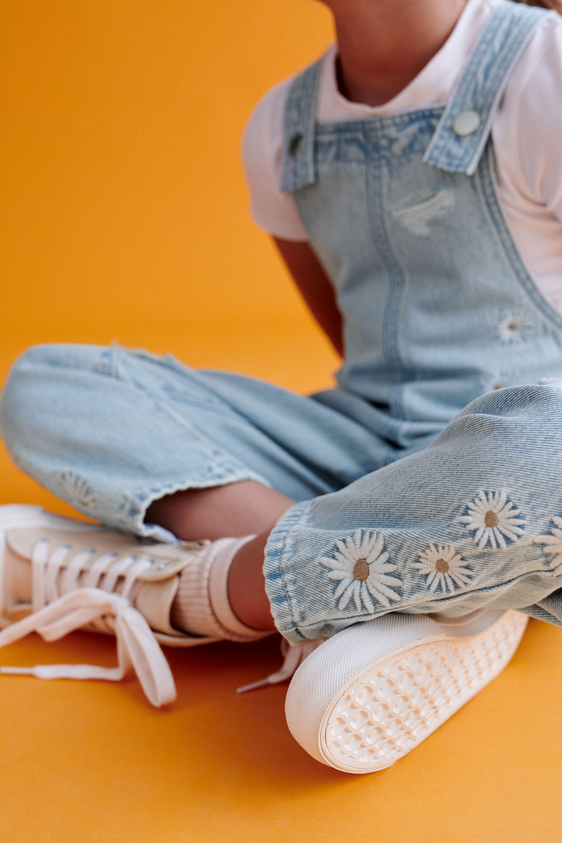 Light Blue Denim Daisy Embroidered Dungarees (3-16yrs) - Image 5 of 8