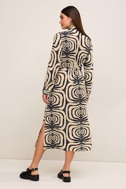 Black/White Long Sleeve Button Through Elastic Waist Midi Shirt Dress - Image 2 of 6