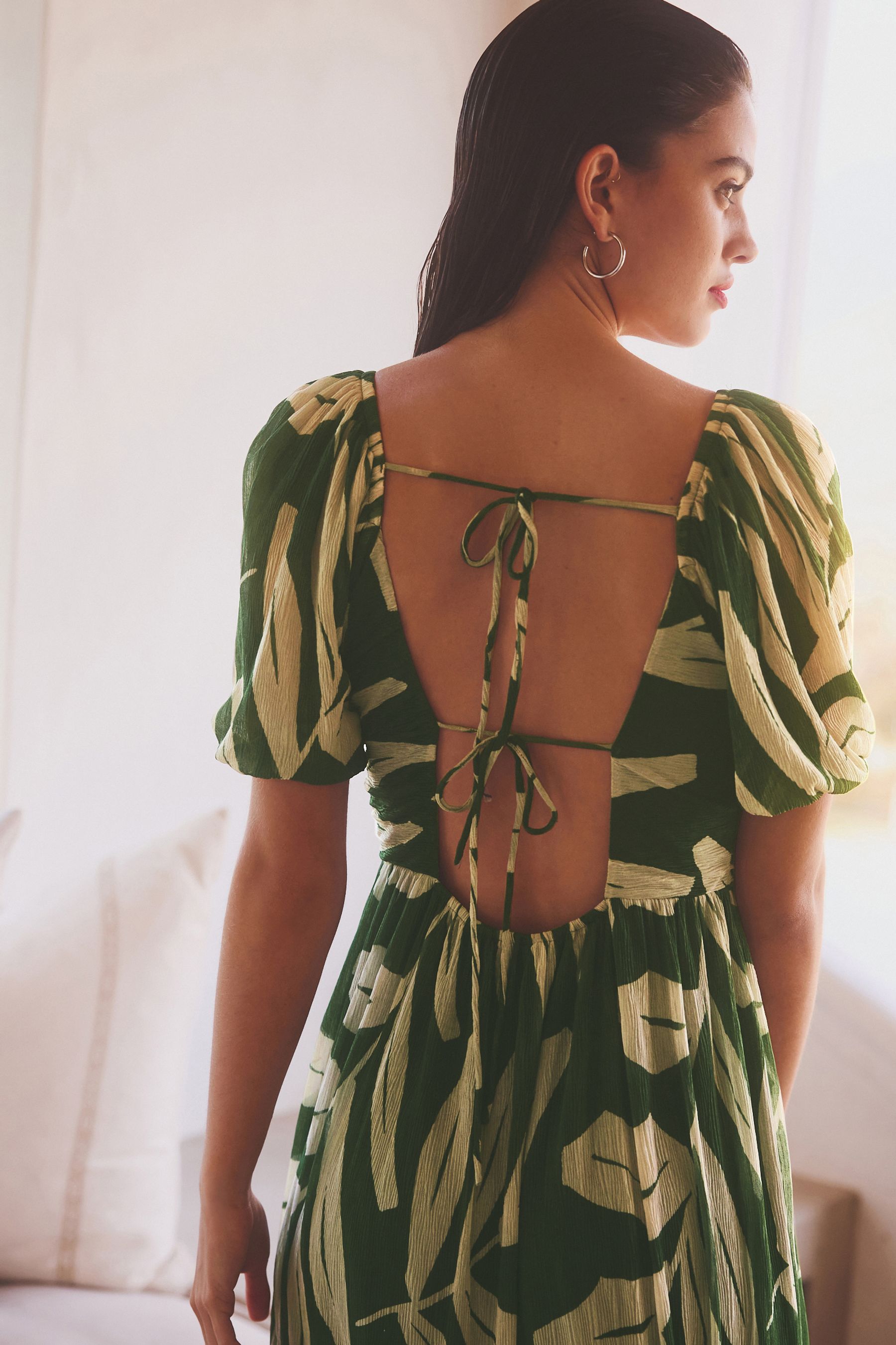Buy Green and White Leaf Print Short Sleeve Ocassion Maxi Dress from Next Luxembourg