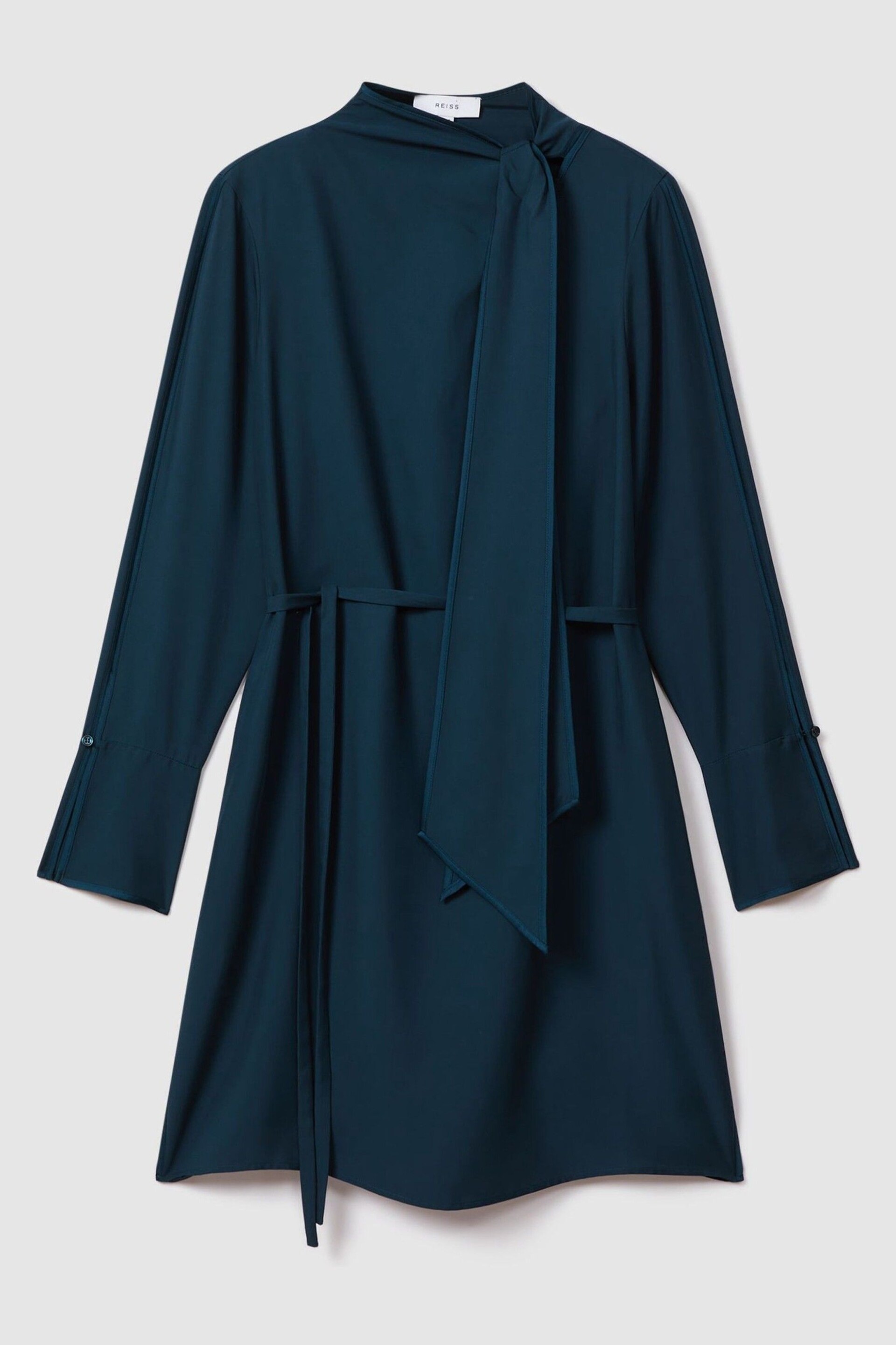 Reiss Teal Avery Tie Neck Belted Mini Dress - Image 2 of 7