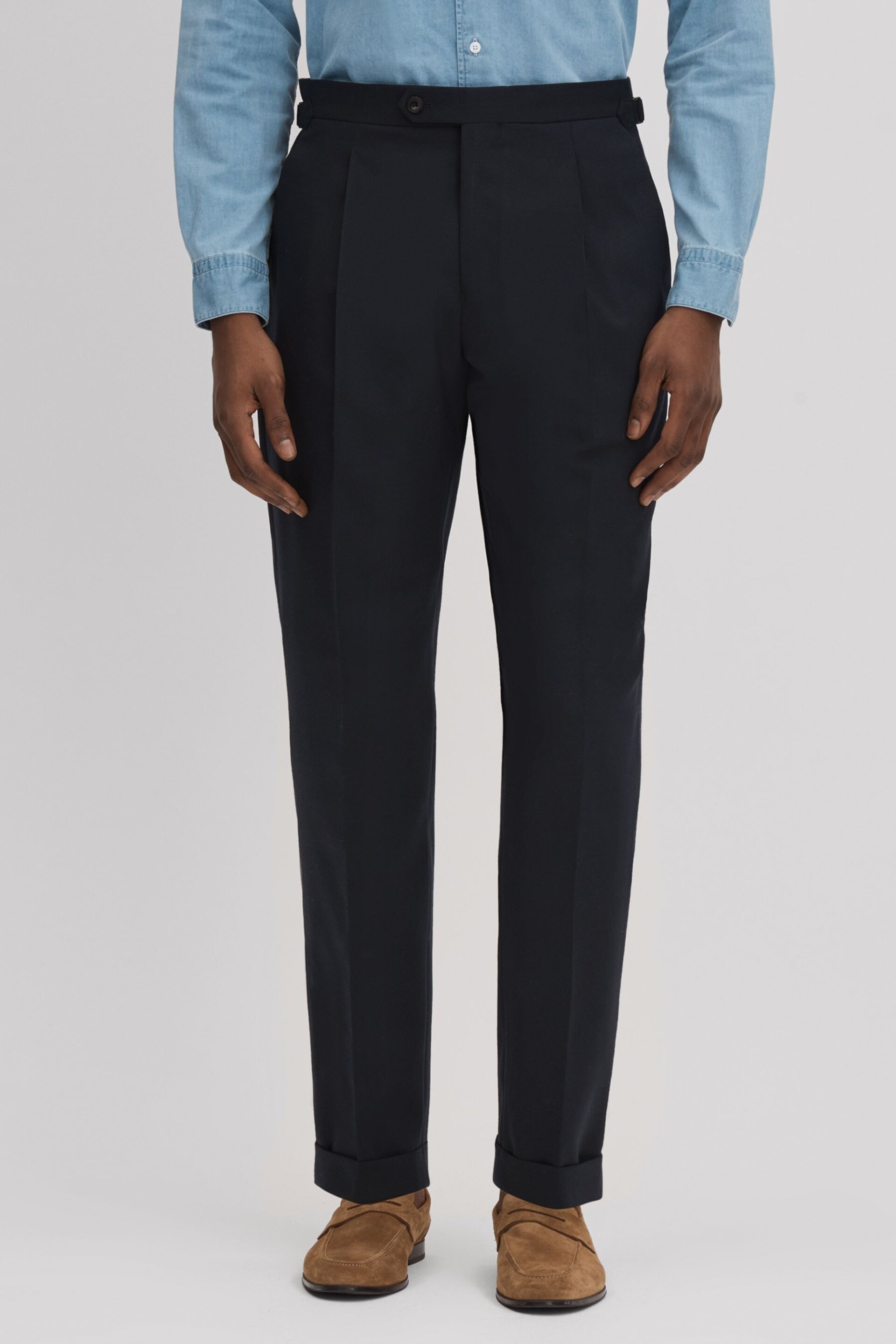 Reiss Navy Valentine Slim Fit Wool Blend Trousers with Turn-Ups - Image 1 of 5
