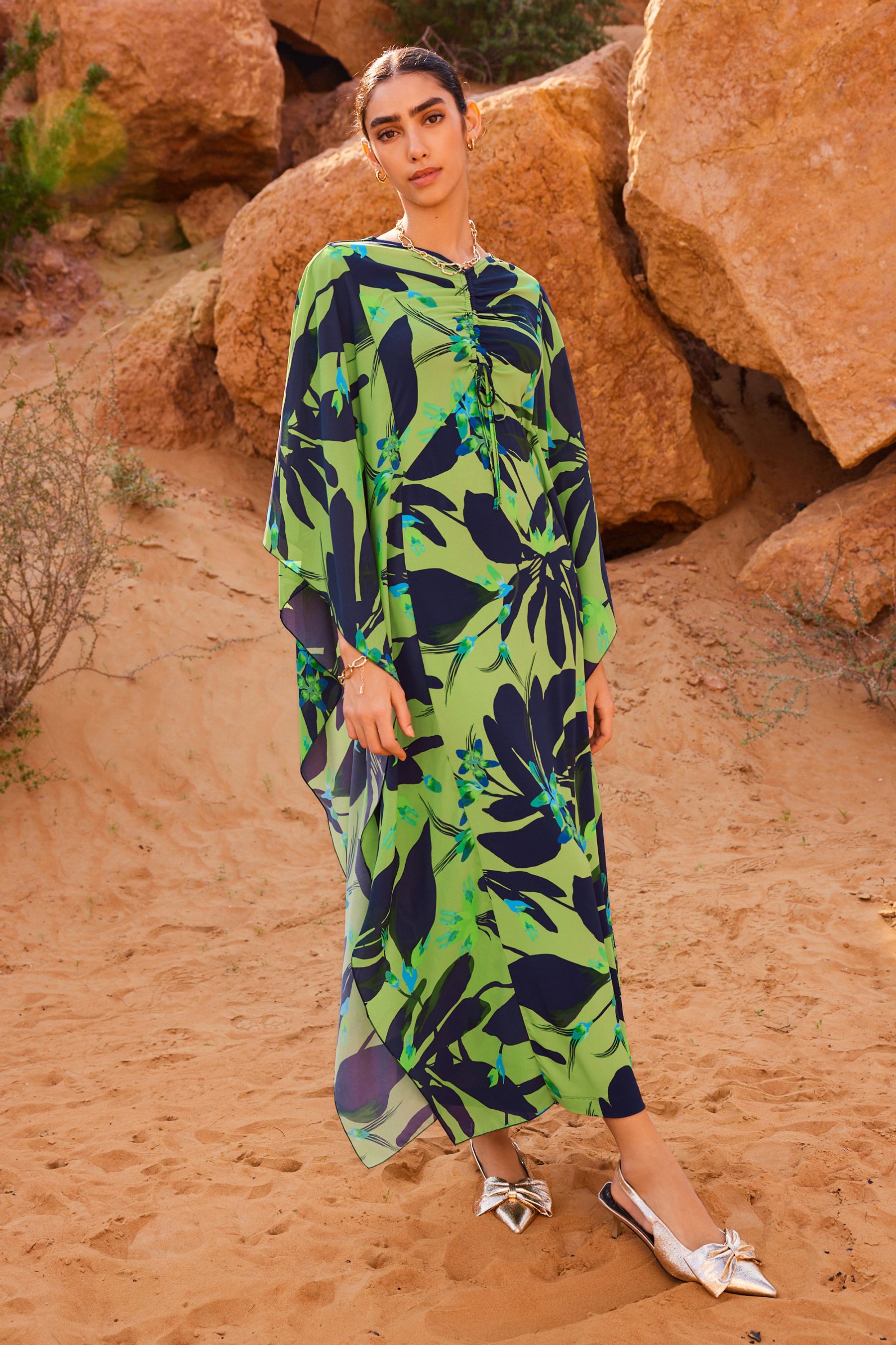 Buy Green and Navy Floral Co ord Half Sleeve Ruched Front Kaftan Dress from Next Luxembourg