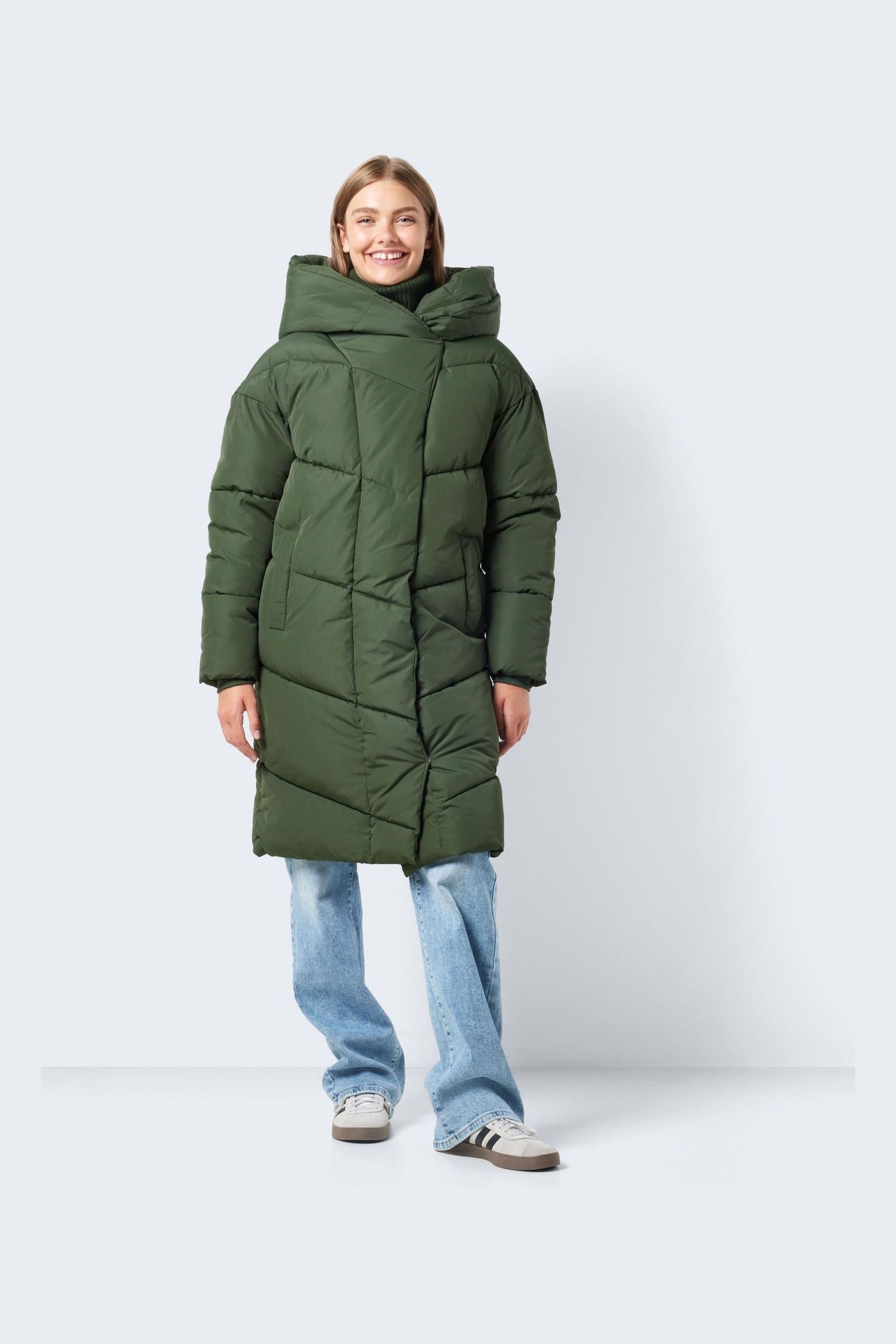 NOISY MAY Green Padded High Neck Hooded Quilted Coat - Image 1 of 8