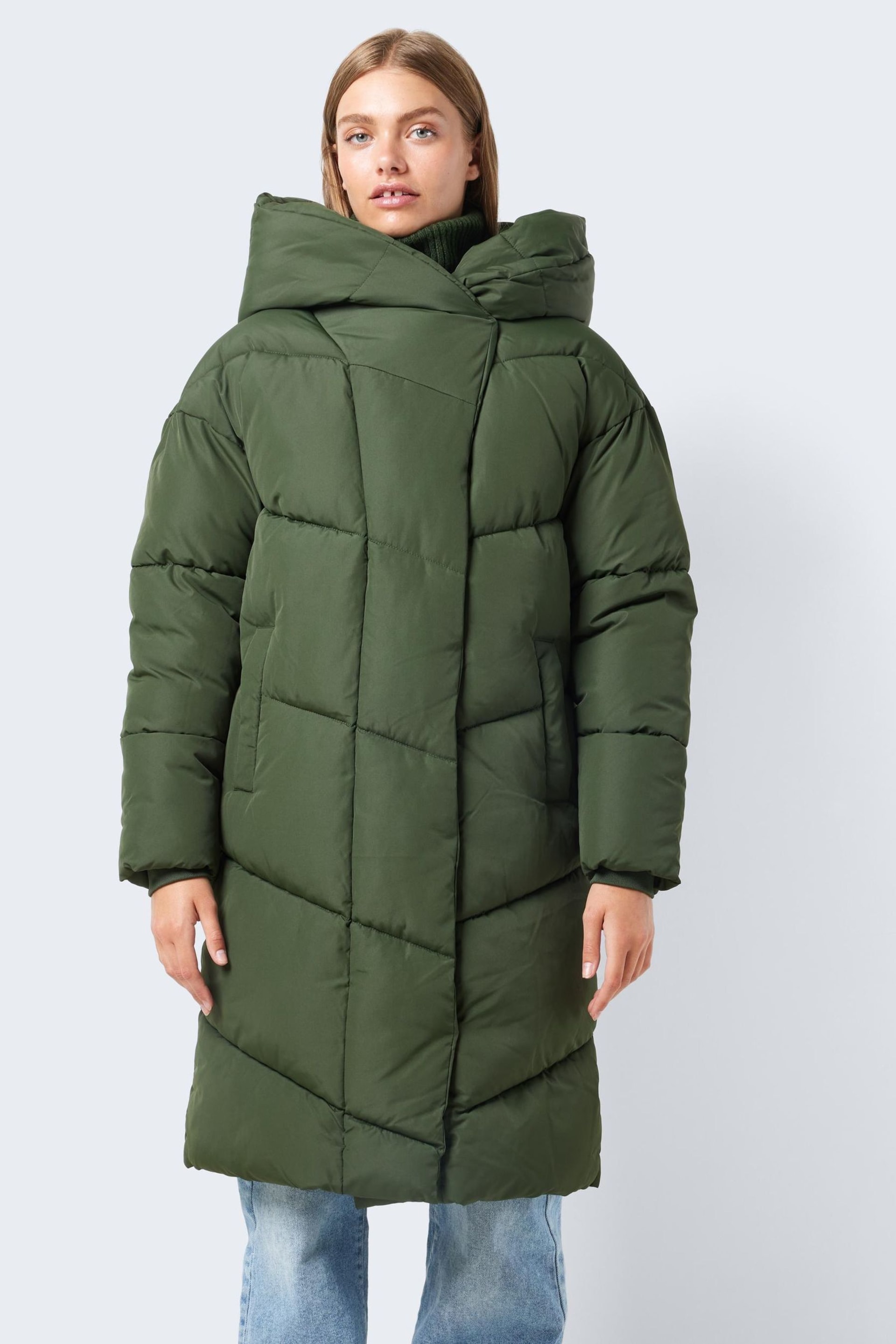 NOISY MAY Green Padded High Neck Hooded Quilted Coat - Image 3 of 8