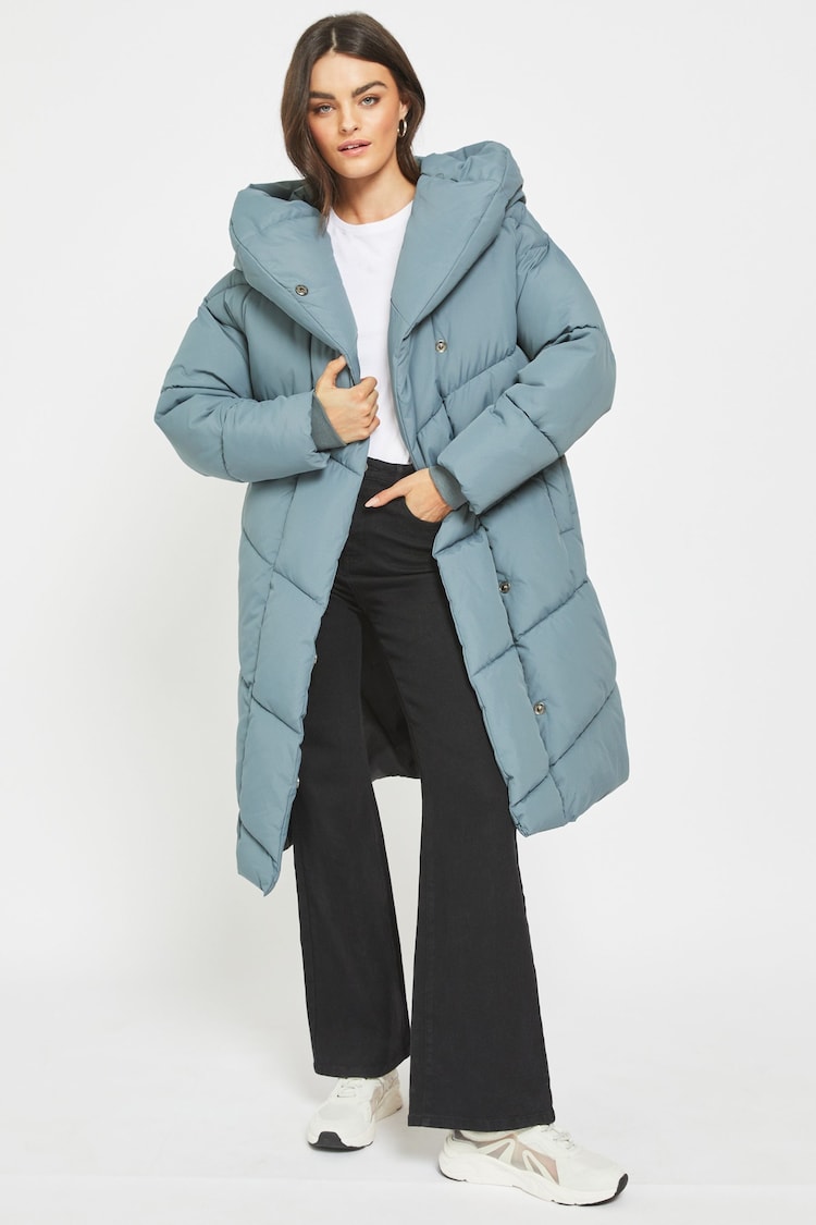 NOISY MAY Blue Padded High Neck Hooded Quilted Coat - Image 1 of 5