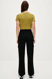 Black Slinky Stretch Wide Leg Belted High Waist Utility Cargo Trousers - Image 3 of 7